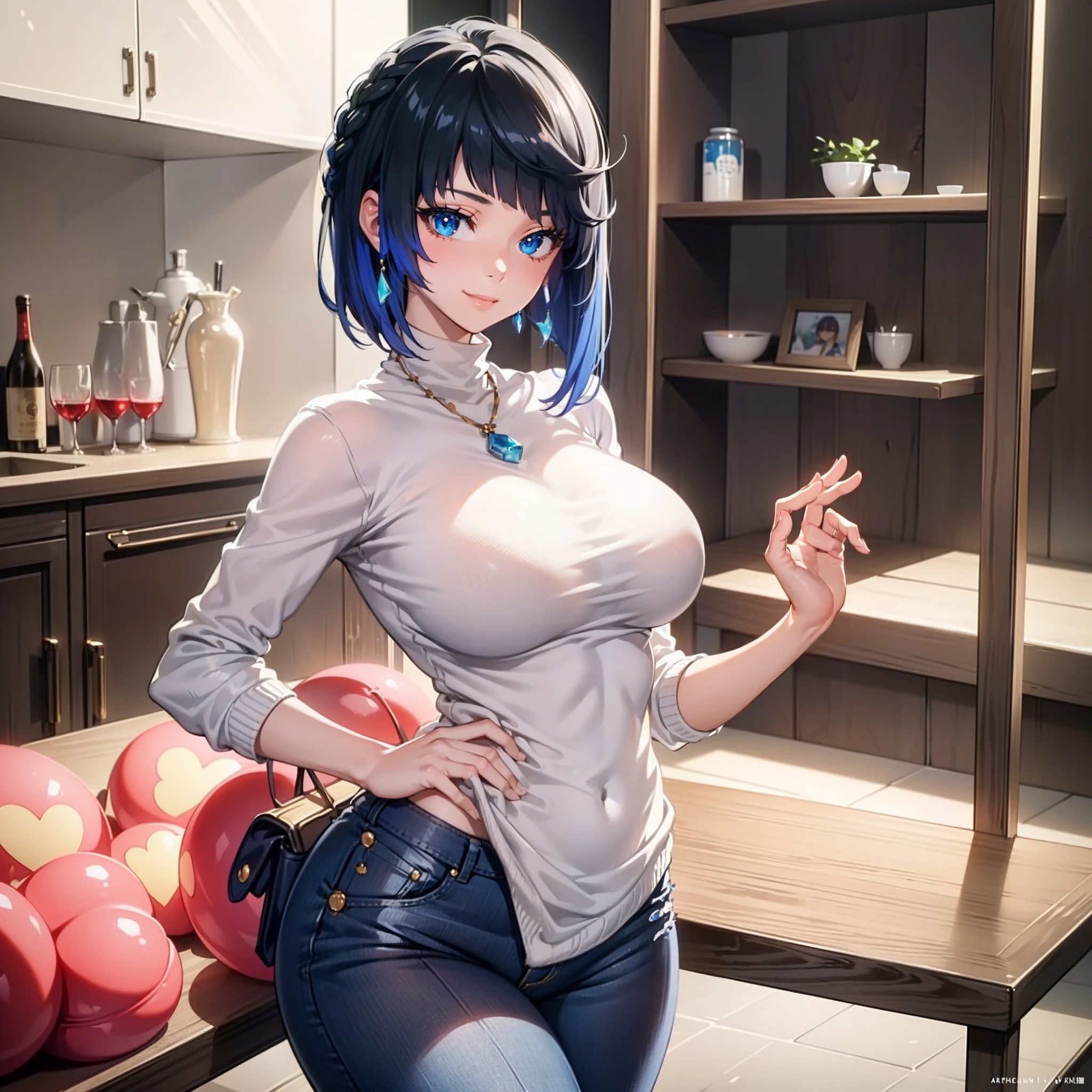 Big breast,(detailed eyes), (perfect body), 8K, UHD , ((No extra fingers)), ((no extra body parts)) , (detailed face), ((beautiful)), (delicate), Clean skin , (anime realistic) , ((1 girl)) , smile, (turtleneck sweater), wearing tight jeans
