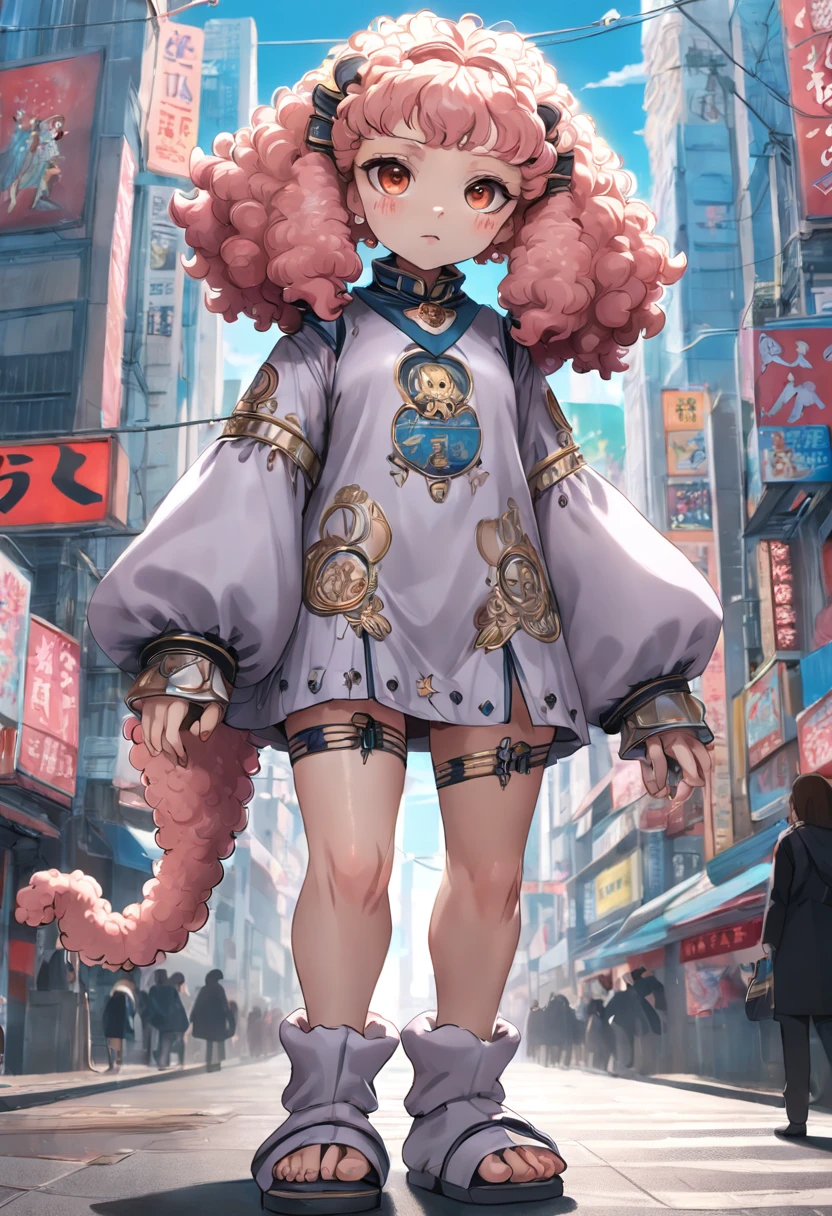 ((Raw foto)), ((masterpiece)), Dressed anthropomorphic humanoid poodle dog, a person々Walk between, Intricate details of large feet, Complex Greebles works, The city behind, Big body