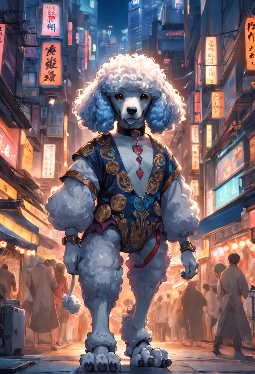 ((Raw foto)), ((​masterpiece)), Dressed anthropomorphic humanoid poodle dog, a person々Walk between, Intricate details of large feet, Complex Greebles works, The city behind, Big body