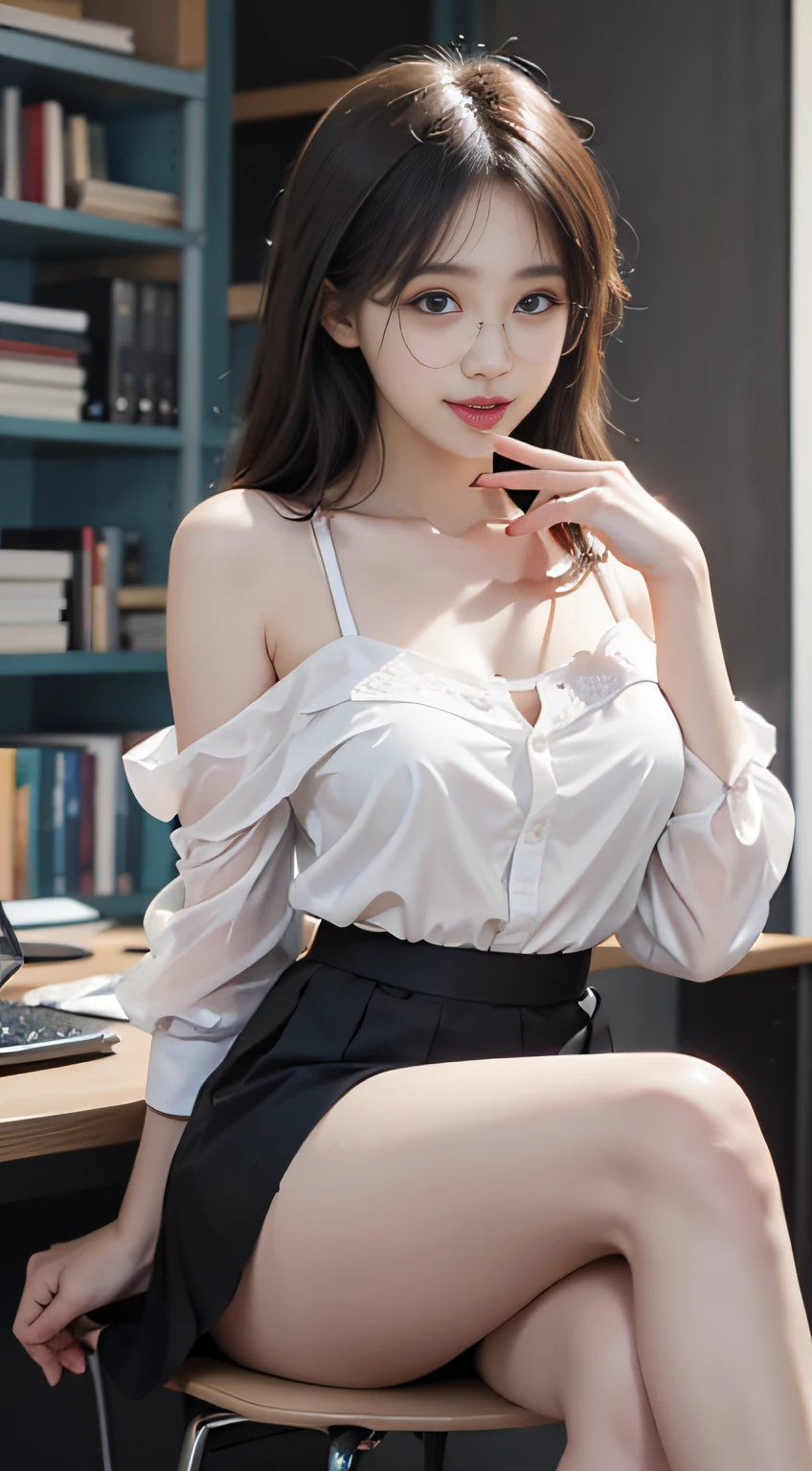 (Girl sitting on office chair and crossing legs)ulzzang -6500-v1.1、(Raw foto:1.2)、(Photorealsitic:1.4)、a beautiful detailed girl、extremely detailed eye and face、beatiful detailed eyes、((A smile))、huge filesize、ultra-detailliert、hight resolution、ighly detailed、top-quality、masterpiece、((Translucent white blouse、Sleeveless、off shoulders))、((Translucent black tight skirt))、illustratio、ighly detailed、nffsw、unification、8k wallpaper、astonishing、finely detail、masterpiece、top-quality、Highly detailed ticker uniform 8K wallpaper、 Light on the Face、电影灯光、1girl in、、Long grey hair、side split、(Beautiful breasts)、(witheout panties))、(eye glasses)、((dynamicposes)))、((sexypose)))、(camel's toe)、(half)、(panthyhose)、((Black hip skirt))