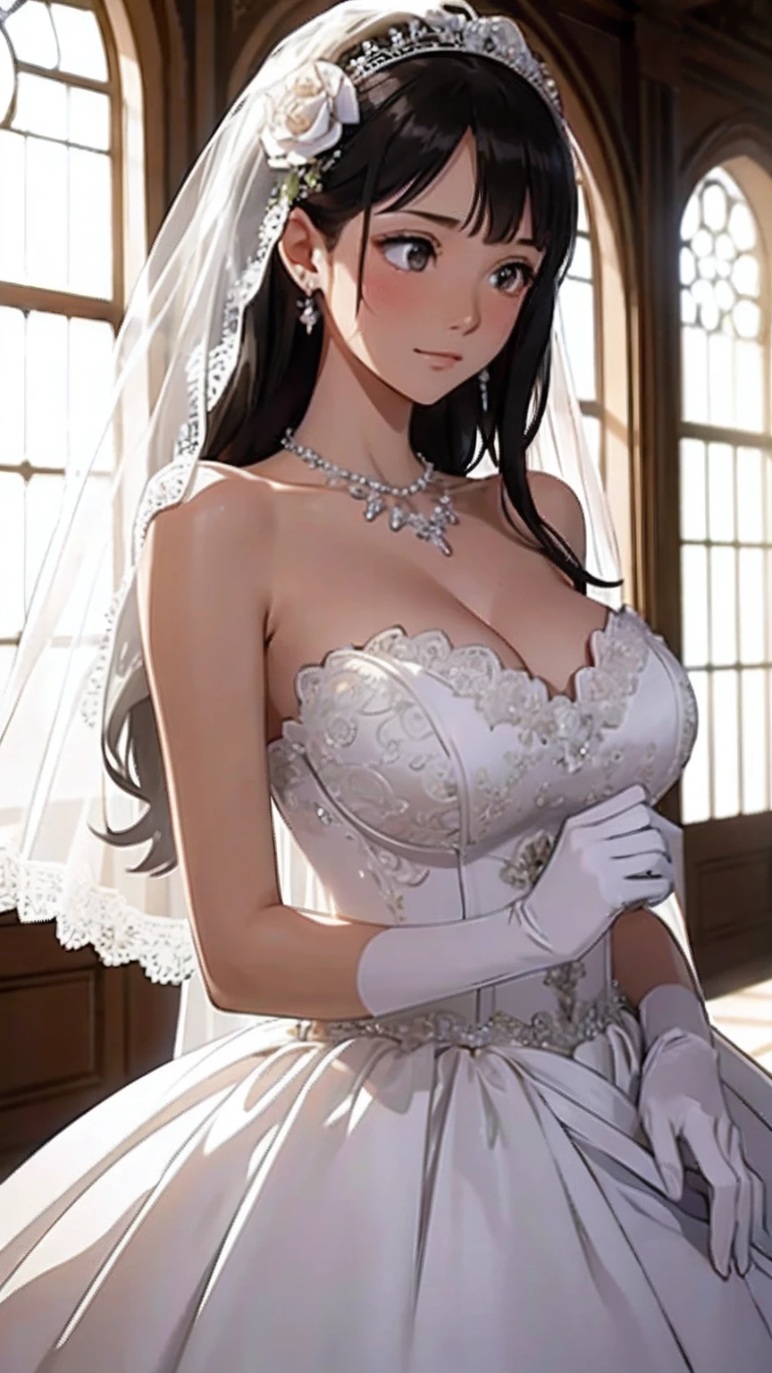 ((best qualtiy)), ((tmasterpiece)) Wedding princess dress, ray of lights, lens flare glow, White petals, Exotic,Close-up of a beautiful bride in a bridal dress,Guvitz,Head flower,headdress,Blush,(Bandeau wedding dress:1.5),(Silk dress:1.2),(Strapless wedding dress:1.5),Plain white dress,necklace,earring,乳溝,(huge tit:1.3),Deep V peach heart collar wedding dress,Liuhai,Bouquet,(Lace gloves:1.2),(Bridal veil:1.2),(Short transparent veil:1.2),Bust photo,High detail RAW color art,Tyndall phenomenon,