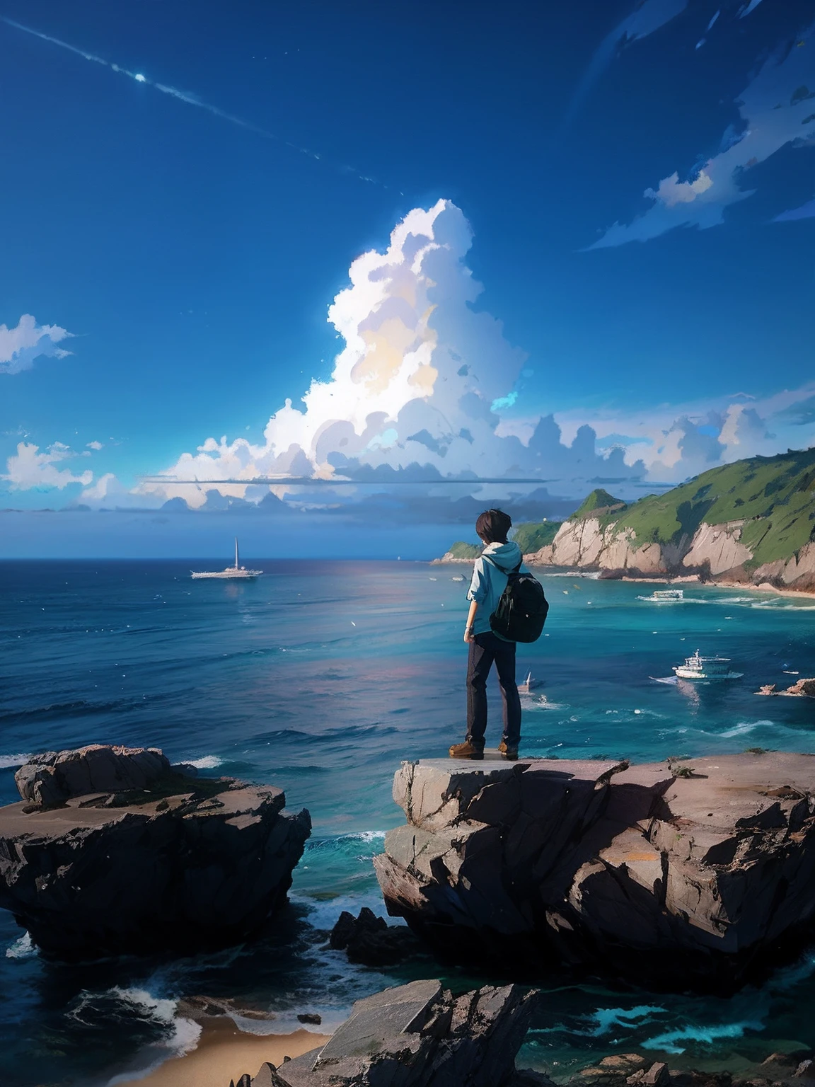 There was a man standing on a rock overlooking the sea, Makoto Shinkai. rendering by octane, Makoto Shinkai. a digital rendering, Makoto Shinkai's style, Makoto Shinkai Cyril Rolando, studio glibly makoto shinkai, Blue sea. By Makoto Shinkai, greg rutkowski makoto shinkai