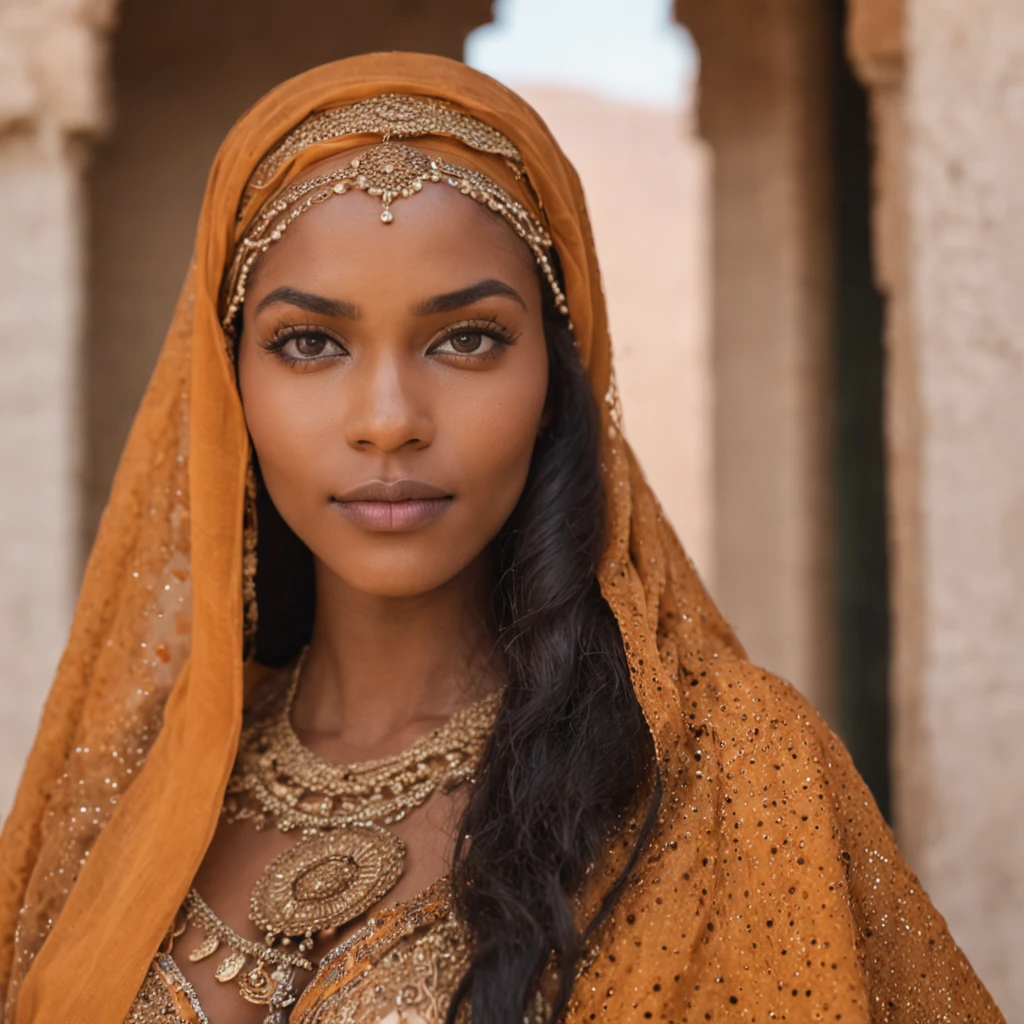 Um retrato impressionante de uma mulher negra com olhos de mel, pele macia, roupas estilosas, Arabic clothes in the style of colorful geometries, no deserto, chorando, de corpo inteiro, mostrando as pernas, deserto egipicio, iluminado por um Nikon Z3 bruto hiperrealista e helios 44 2 f2 58 mm bokeh redemoinho, Film, FujiFilm, with an anamorphic milky bokeh radiating from all over his body.