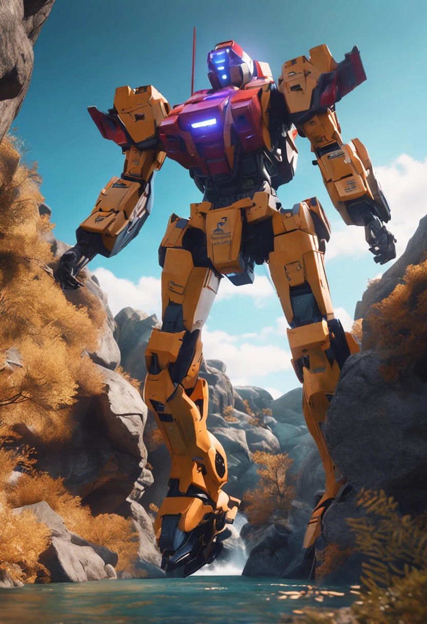 A Gundam robot, waterfallr, Meditate, mountain cliff, depth of field, cinematic lighting, ray tracing, afterimage, first-person view