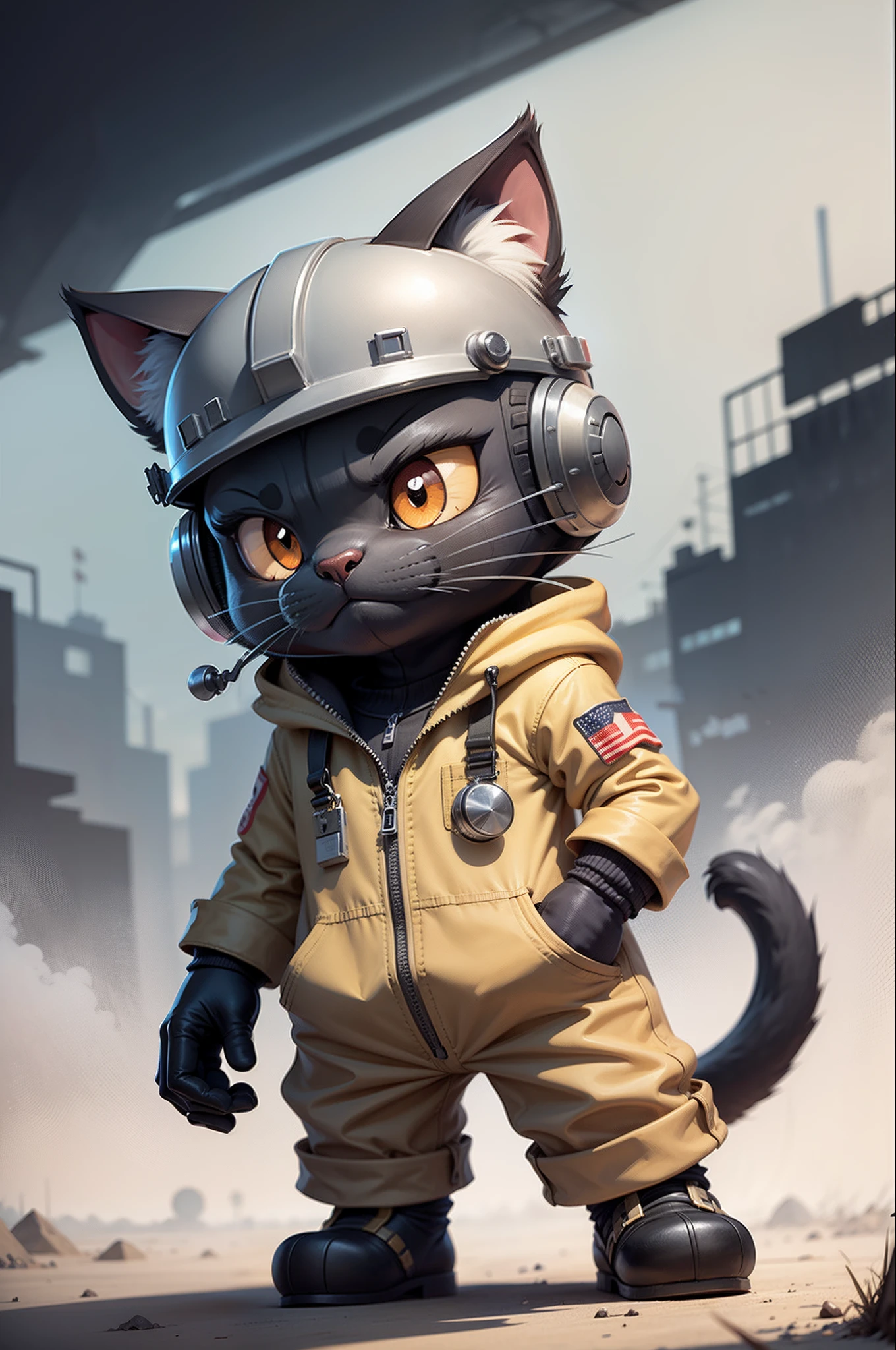 C4tt4stic, Cartoon black cat in pilot suit, Helmet,