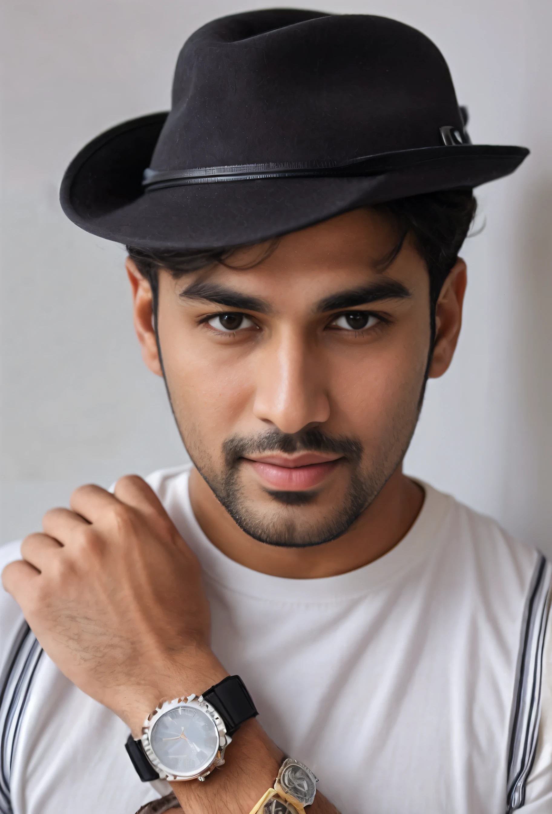 arafed man wearing a hat and a bracelet with a watch, handsome face, handsome and attractive, really good looking face!!, good looking face, handsome attractive face, harsh good looking face, arian mark, ayan nag, handsome male, handsome man, very attractive and beautiful, #trending, stylish pose, attractive man, perfect handsome face, handsome eyes