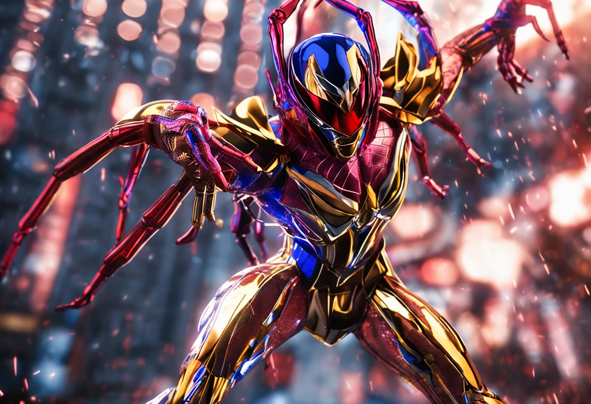 Saint Seiya spider-man weairing follows,Full body like,Fighting,Close-up,of a real one,Facial features are carefully described,Realistic skin texture,Dark style,Depth of fields,High light,Real light,Streak traching ,oc rendered,hyper-realistic,best quality,8k,Masterpieces,super-thin,detailed pubic hair,correct anatomy,sharp focus on eyes,Bokeh,Facial features are carefully described