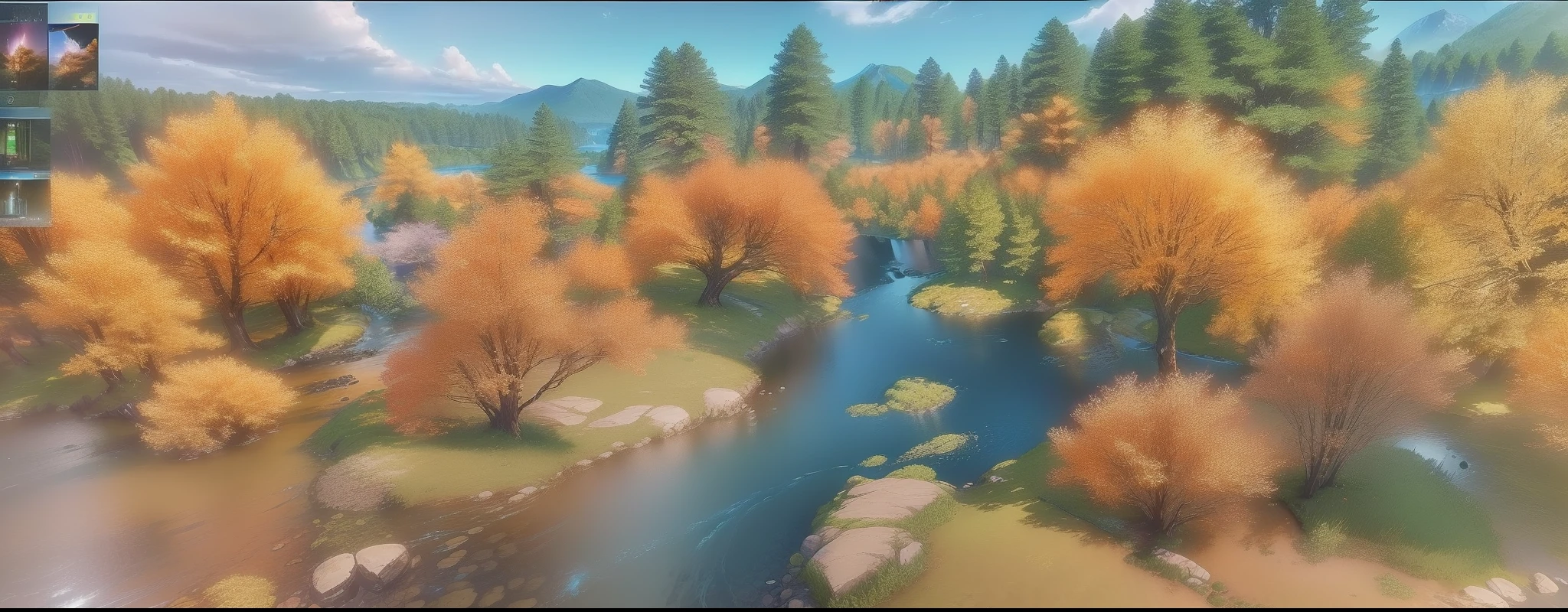 Close-up of computer screen with river and trees, forest and river, detailed photo of virtual world, game screenshot, 3 d virtual landscape painting, video game screenshot>, beautiful screenshot, life simulator game screenshot, gameplay still, game screenshot, forest setting, ps1 game landscape, epic coves crashing waves plants, videogame screenshot, videogame still