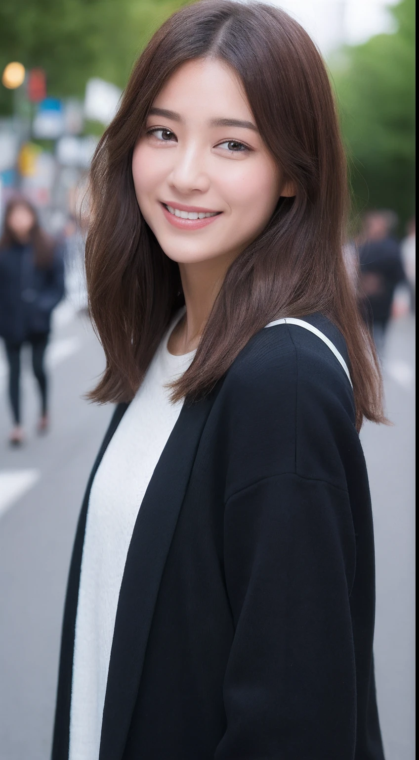 ((top-quality、8K、masterpiece、:1.3))、1girl in、A smile、full body Esbian、Slim Faces、Pretty women、(dark brown hair)、bontage:1.1、Super Detailed Face、detailedeyes、二重まぶた、blurry backround、Slim Faces、nighttime scene、appearance、Street、raw,Back,Walking,raw,Back