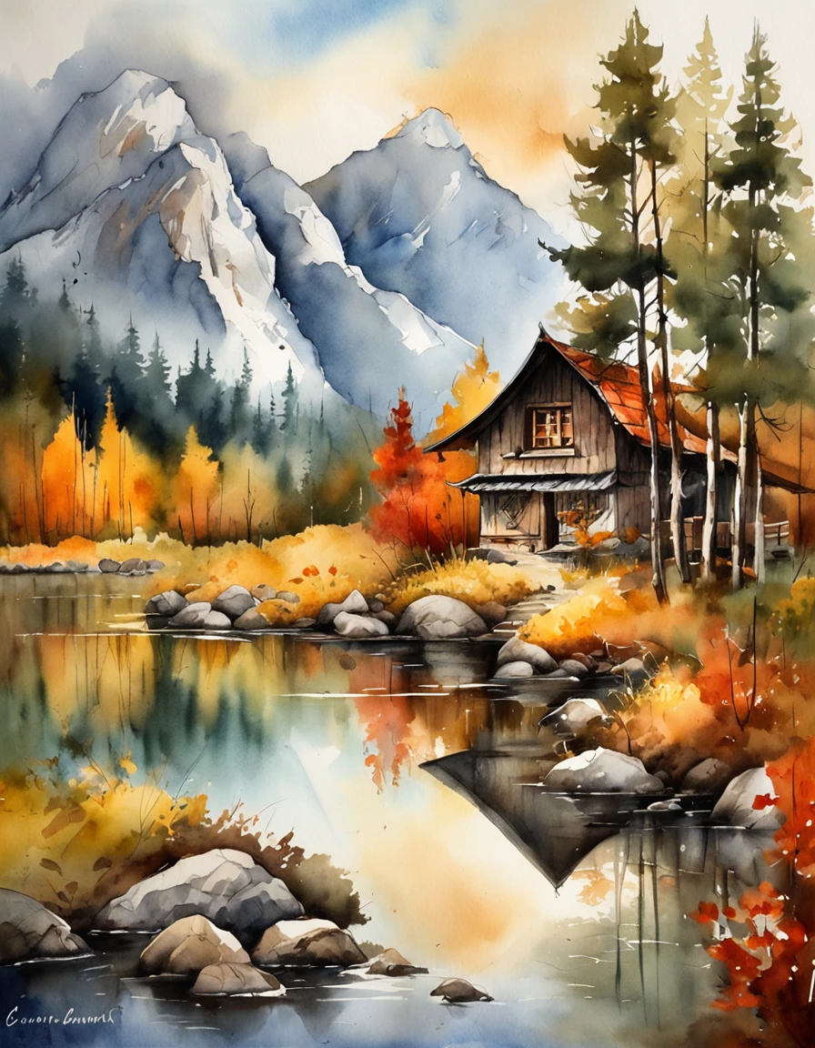 Bizarre steep peaks,autumnal,There is a stream at the foot of the mountain,There are reflections in the stream,country cabin,Cooking smoke rises,Pine trees have a peculiar shape,Sway with the wind,Impresionismo,Color palette style,iso-distance view,Matte look,Surreal photo,dream magical,pixel-perfect,hyper HD,in a panoramic view,8K分辨率,ultra-wide-angle,Faraway view,chinese paintings,Realistis,Action painting