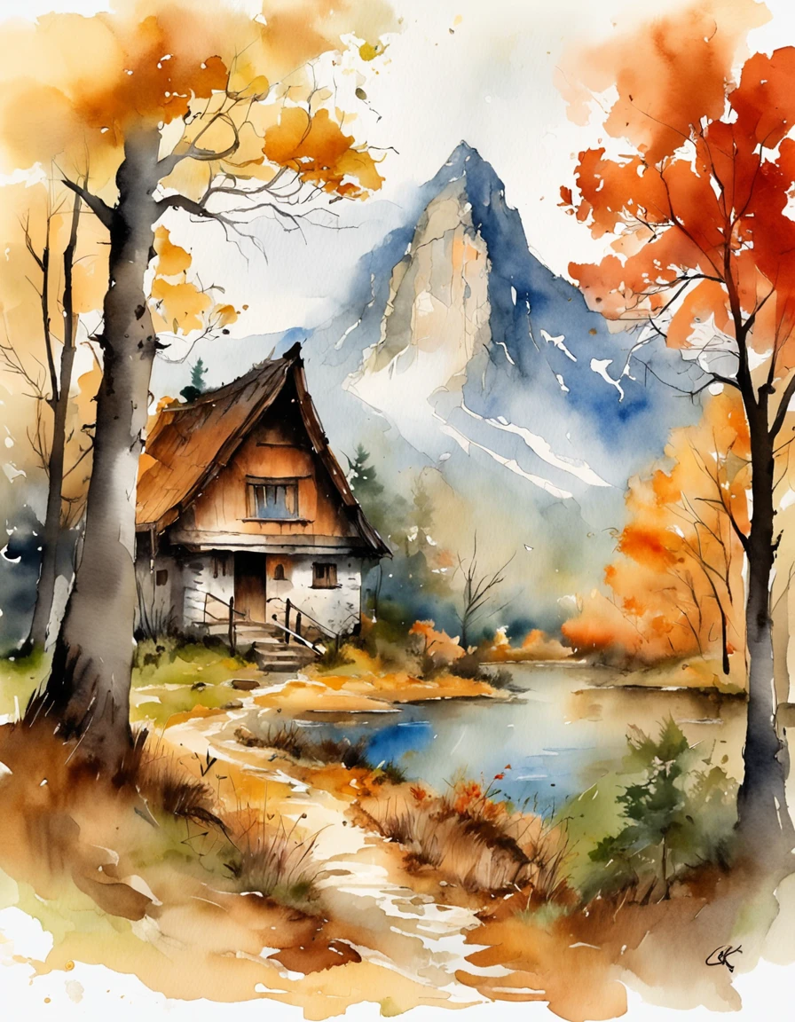 Bizarre steep peaks,autumnal,There is a stream at the foot of the mountain,There are reflections in the stream,country cabin,Cooking smoke rises,Pine trees have a peculiar shape,Sway with the wind,Impresionismo,Color palette style,iso-distance view,Matte look,Surreal photo,dream magical,pixel-perfect,hyper HD,in a panoramic view,8K分辨率,ultra-wide-angle,Faraway view,chinese paintings,Realistis,Action painting
