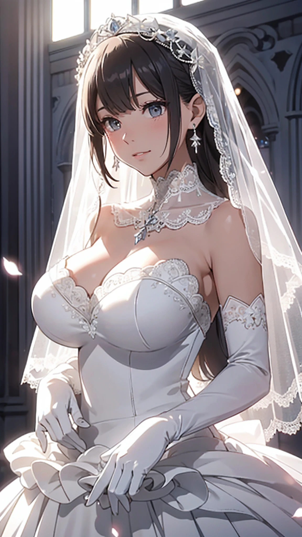 （（best qualtiy））， （（tmasterpiece）） Wedding princess dress， ray of lights， lens flare glow， White petals， Exotic，Close-up of a beautiful bride in a bridal dress,Guvitz，Head flower，headdress，Blush，（Bandeau wedding dress：1.5），（Silk dress：1.2）,（Strapless wedding dress：1.5）,Plain white dress，necklace，earring，乳溝，(huge tit:1.3)，Deep V peach heart collar wedding dress，Liuhai，Bouquet，(Lace gloves:1.2)，(Bridal veil:1.2）,（Short transparent veil：1.2），Bust photo,High detail RAW color art,Tyndall phenomenon，