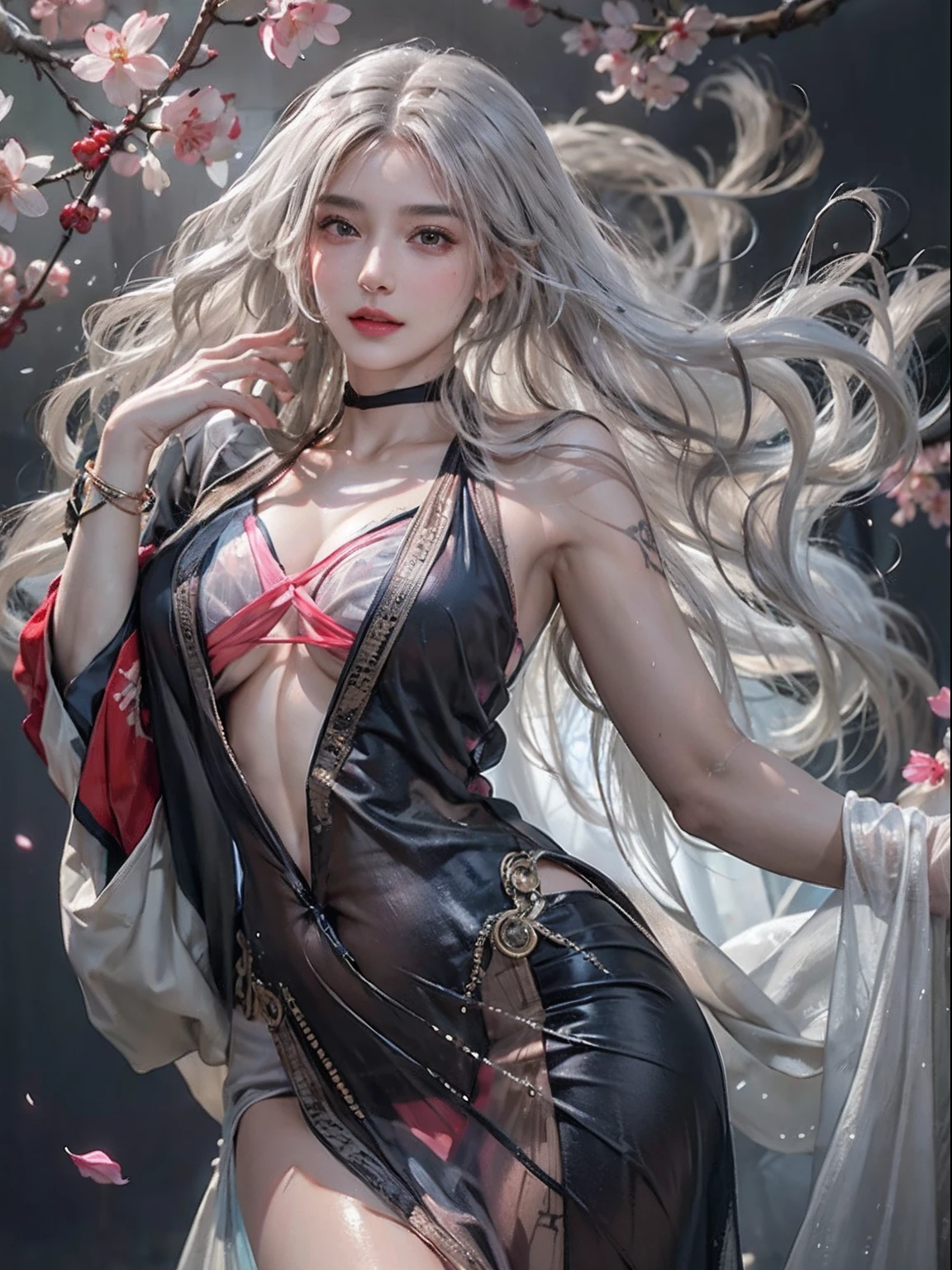Photorealistic, High resolution, Soft light,1womanl, Solo, hips up high, glistning skin, (Detailed face),The tattoo, Jewelry, Dark see-through hanf, cherry blossom, Night, White wavy hair, Beautiful Soldier, An eye that invites the viewer, Lover's perspective, inviting expression, Sexy smile, Perfect Style, Perfect balance, Detailed skin, Naughty gaze, Chest visible、see -through、Sheer feeling、Wet skin、Wet hair、Spread hair、Spread Stall、Wet clothes、sodden、See-through Halter neck、See-through gowns、Navel Ejection、the back is open、See-through halter neck dress、See-through kimono、Dynamic Posing、Fingertips are lips、