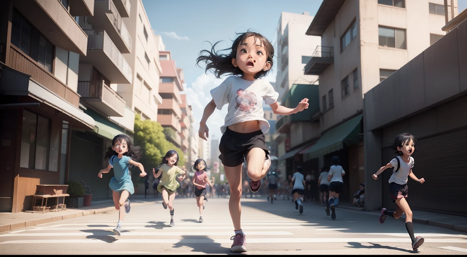 Cartoon image of a group of children running on the street, Photo of Rudy Siswantto, Trend of CGsociety, conceptual art, the anime girl is running, Animated Movies, Animated Movies, film promotional image, Animated Movies, kids cartoon, children's animated films, 3 d animated movie, offcial art, Official illustration, animated movie still, Japanese animation