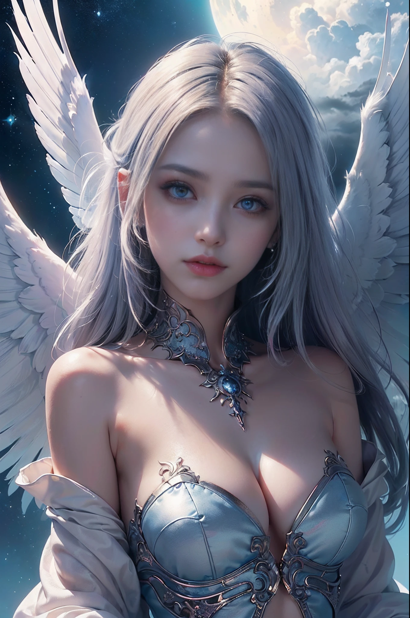 ((nood)), ((tmasterpiece)), (A detailed), seductive succubus, ethereal beauty, Perching on the clouds, (fantasy illustrations:1.3), a captivating gaze, enchanting posture, Delicate wings, Otherworldly charm, mystical sky, (By Luis Royo:1.2), (Yoshitaka Amano:1.1), Moon Night, PastelColors, (Detailed Cloud View:1.3), (hight resolution:1.2),up close shot,up close shot,Black eyes,Detailed beautiful eyes,angelicales,one white winged
