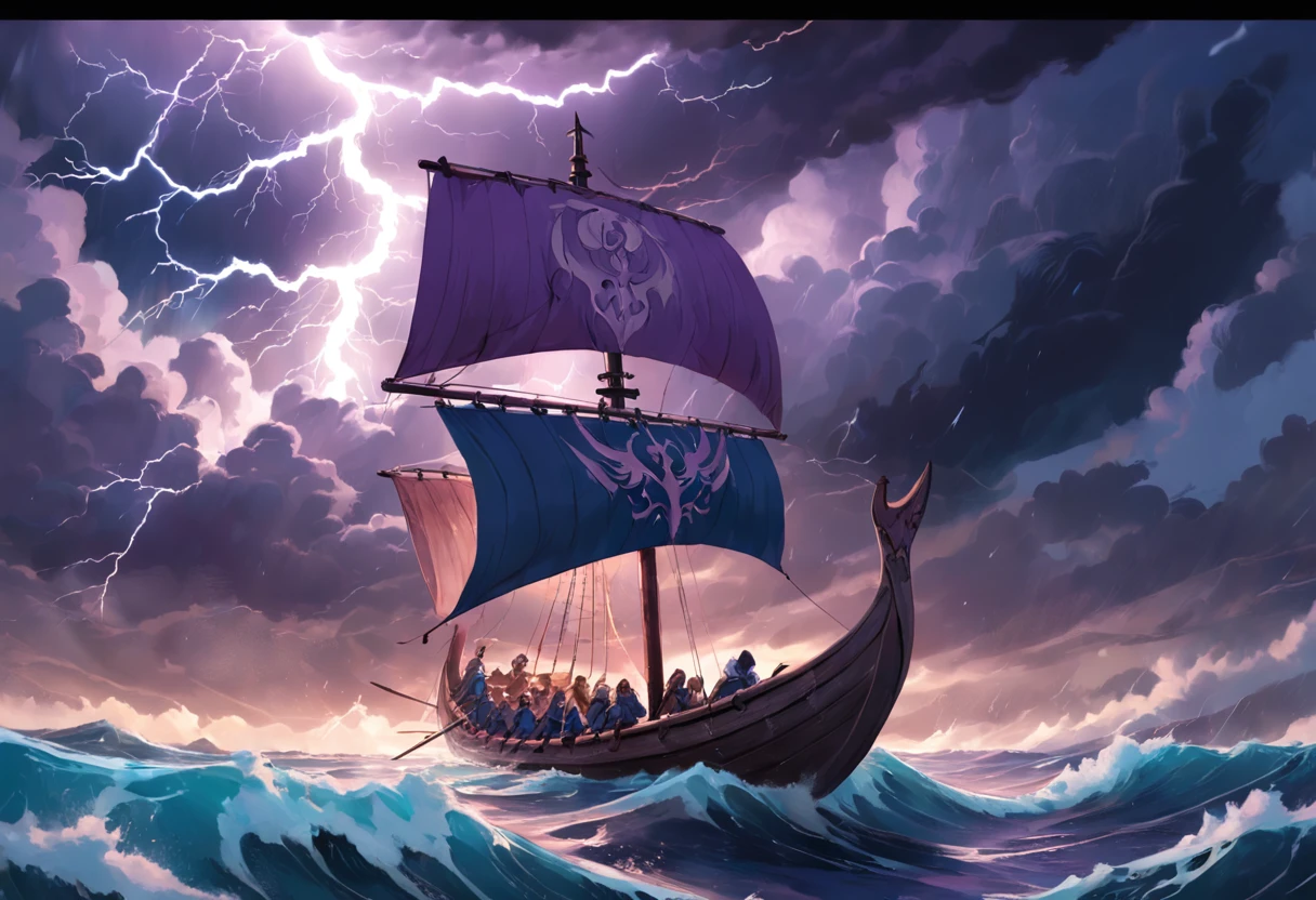 "(This is a cinematic masterpiece with the best quality. It features a breathtaking daytime scene with a clear blue sky and dramatic storm clouds. The sky is illuminated by majestic purple lightning, and emerging from the storm clouds is a flying Norse longboat.)"