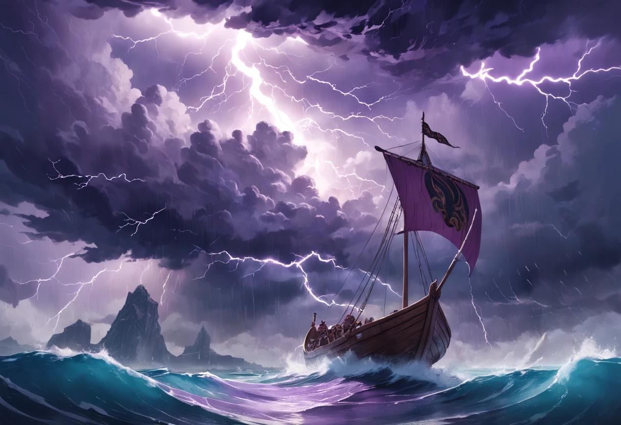 "(This is a cinematic masterpiece with the best quality. It features a breathtaking daytime scene with a clear blue sky and dramatic storm clouds. The sky is illuminated by majestic purple lightning, and emerging from the storm clouds is a flying Norse longboat.)"