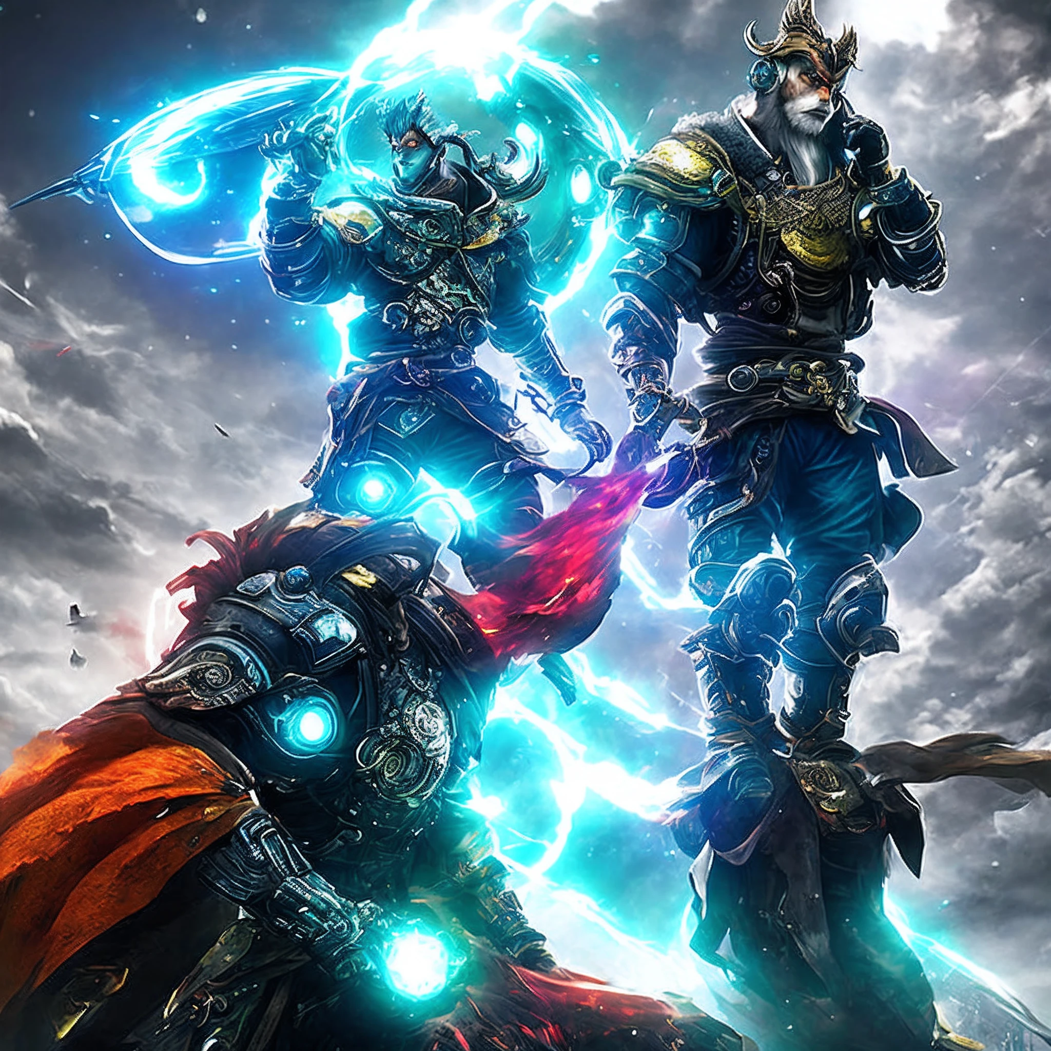 sci-fy,tall house,cyber punk perssonage,Monkey King Super Blue form