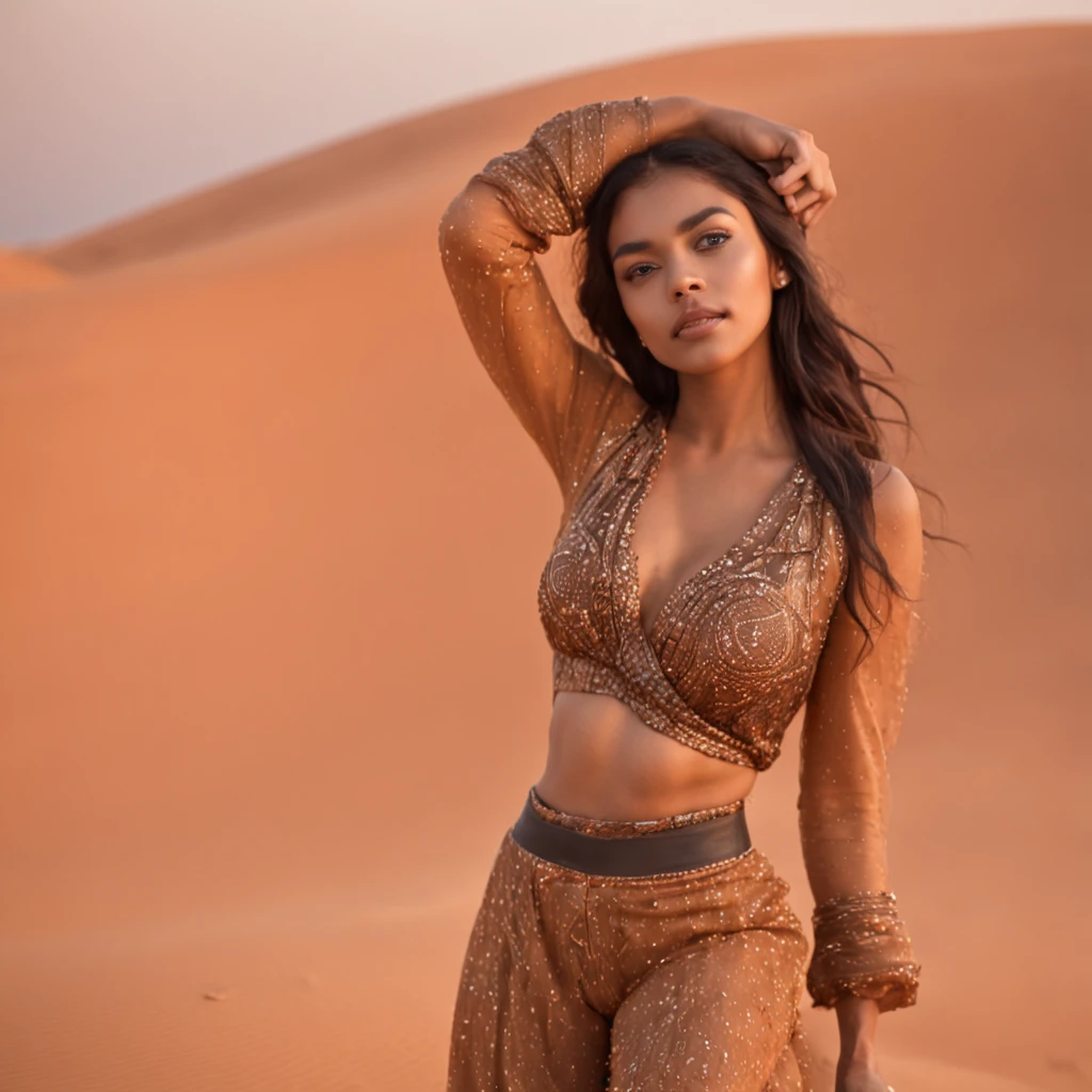 Uma mulher negra com olhos de mel, pele macia, roupas estilosas, Arabic clothes in the style of colorful geometries, no deserto, chorando, with arms up full body, mostrando as pernas, deserto egipicio, iluminado por um Nikon Z3 bruto hiperrealista e helios 44 2 f2 58 mm bokeh redemoinho, Film, FujiFilm, with an anamorphic milky bokeh radiating from all over his body.