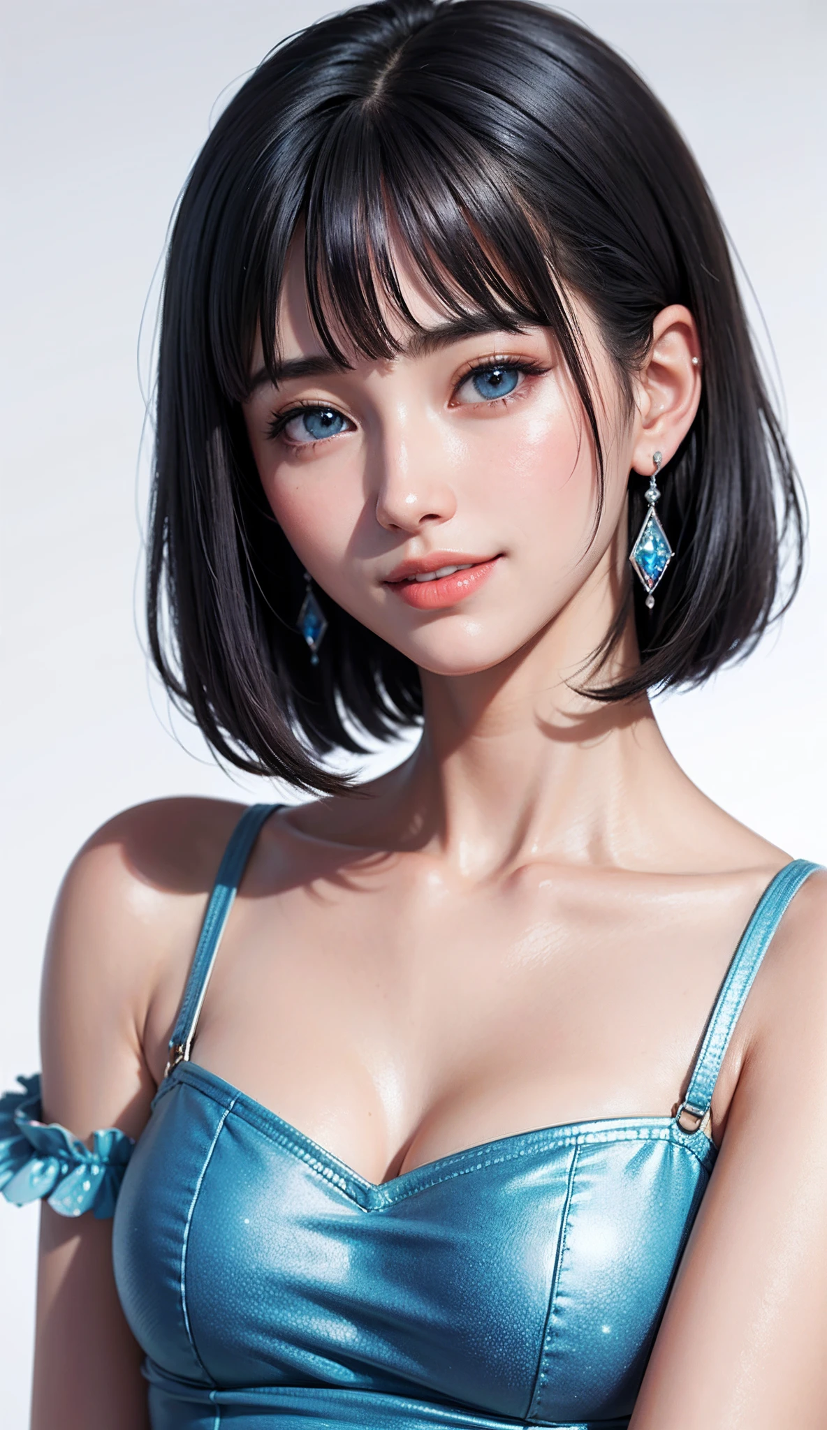 (high-level image quality、high-detail、hightquality、hight resolution、Draw everything in high resolution)、Intense crystal light blue eyes、Small diamond-shaped earrings、Look firmly at the camera、Put your ears out、Beautiful short black hair、Beautiful very short beautiful hair with bangs、beautiful decollete、Beautiful 28 years old、lipgloss、long neck、Happy smile、Beautiful teeth alignment、Beautie、Pretty Woman