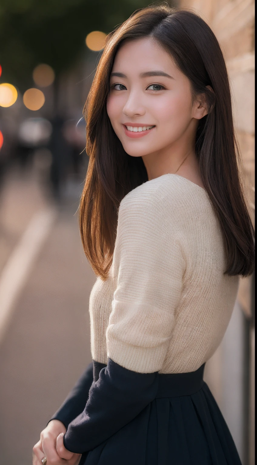 ((top-quality、8K、masterpiece、:1.3))、1girl in、A smile、full body Esbian、Slim Faces、Pretty women、(dark brown hair)、bontage:1.1、Super Detailed Face、detailedeyes、二重まぶた、blurry backround、Slim Faces、nighttime scene、appearance、Street、raw,Back,Walking,raw,Back