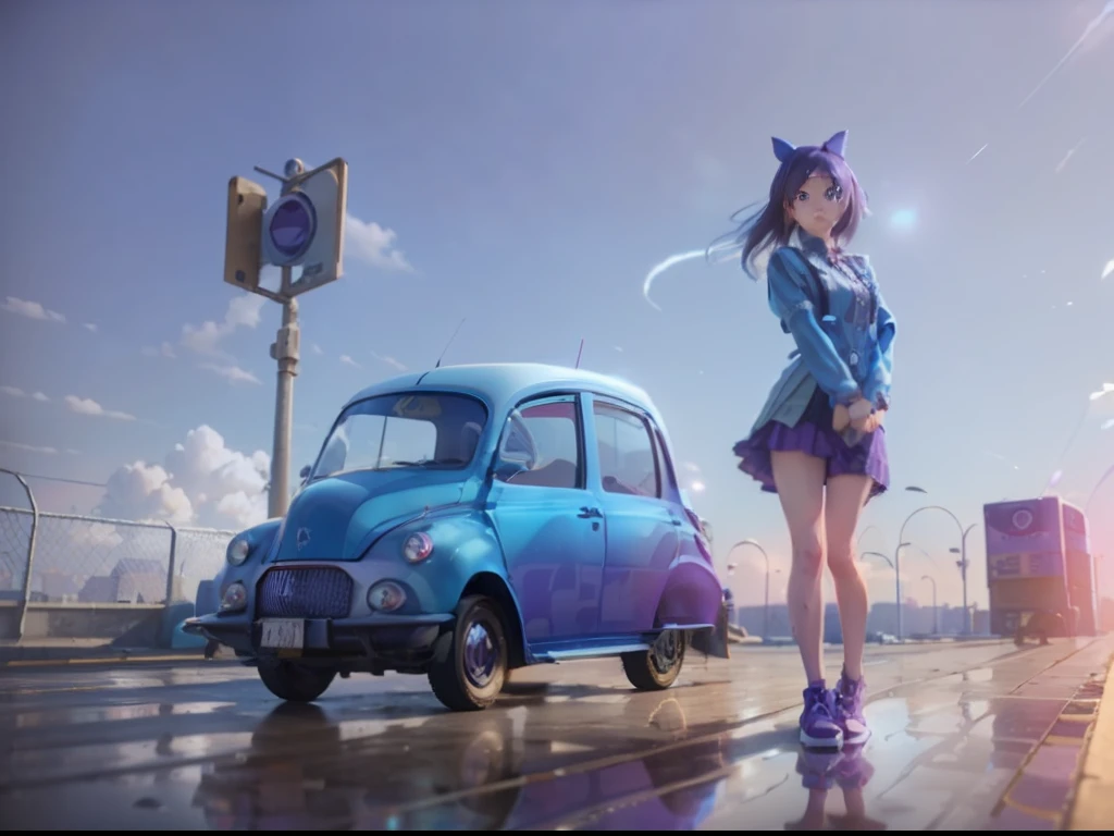 A girl dressed in blue and purple,Stand next to a blue-purple taxi with a blue-purple stop sign,White sky background,3D illustration,3Drenderingof