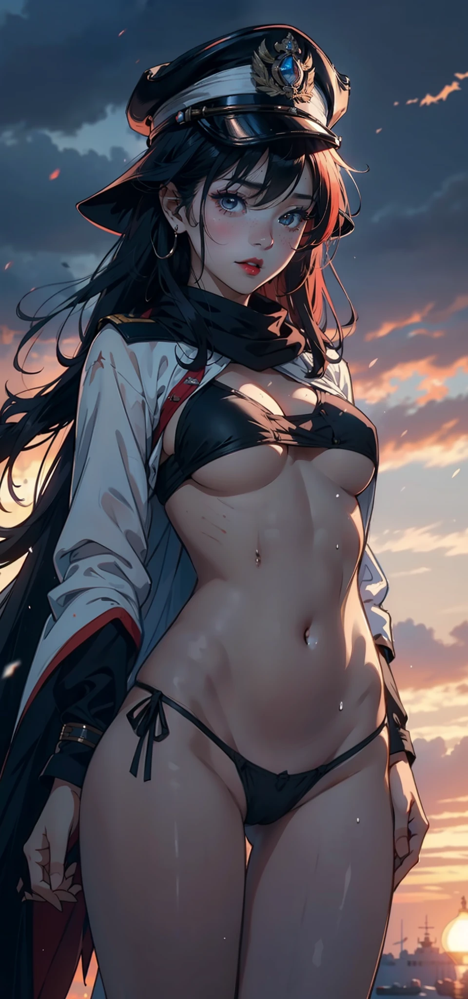 1womanl，3 ，bit girl，Small loli，Rais sexy，Pornographic exposure， 独奏，Beauty contests，standing on your feet（Background with：the sea，snow mountains，warships，at winter season，Blizzarding，Big snowflakes）Black skin，On warships， She has long crimson hair，Long hair flutters in the wind，Redlip，dynamicposes，Sweat profusely，drenched all over the body，seen from the front， hair straight， mostly cloudy sky，（（（tmasterpiece），（Very detailed CG unity 8K wallpaper），best qualtiy，cinmatic lighting，detailed back ground，beatiful detailed eyes，Bright pupils，（Very fine and beautiful），（Beautiful and detailed eye description），Black eyes，Redlip，ultra - detailed，tmasterpiece，）），facing at camera，（The upper part of the body），A high resolution，ultra - detailed），revealing breasts，Bare genitalia，  Bulge，legs are open，sexyposture，Camel toes，Flushed complexion，Open-mouthed，frontage，Indian officer，Officer's cap，elementary ite cloak，Down jacket Black officer transparent uniform，Black socks，Bare breasts，Bare genitalia）