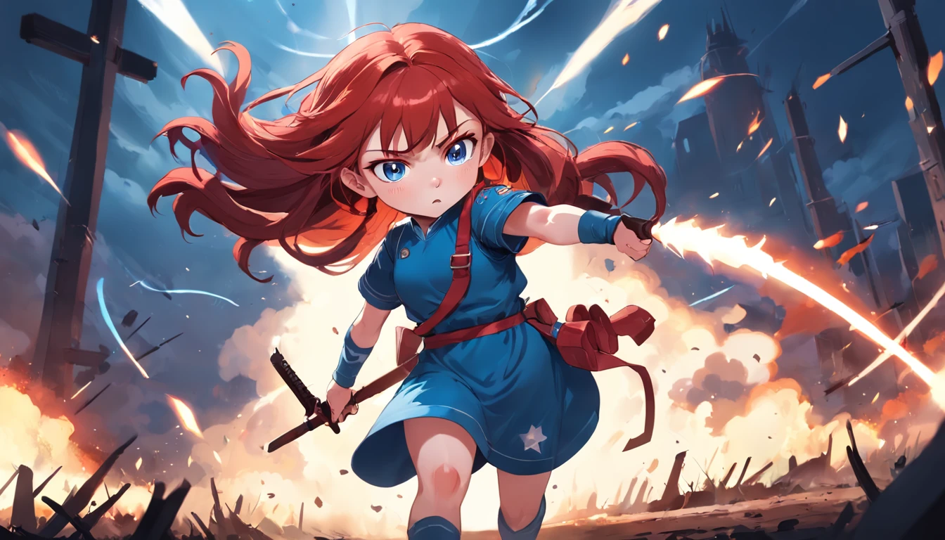 Cartoony,Chubby little girl with long red hair tied in a blue dress,Shoulder weapons,Bomb in hand,Run on the training battlefield,Cute and cute,KIDS ILLUSTRATION,Glow effects,Dingdall effect,depth of fields,high light,Real light,Ray traching,oc rendered,Hyper-realistic,best qualtiy,8K,Works of masters,super-fine,Detailed pubic hair,Correct anatomy,sharp focus on eyes,The facial structure is reasonable,Facial features are carefully depicted