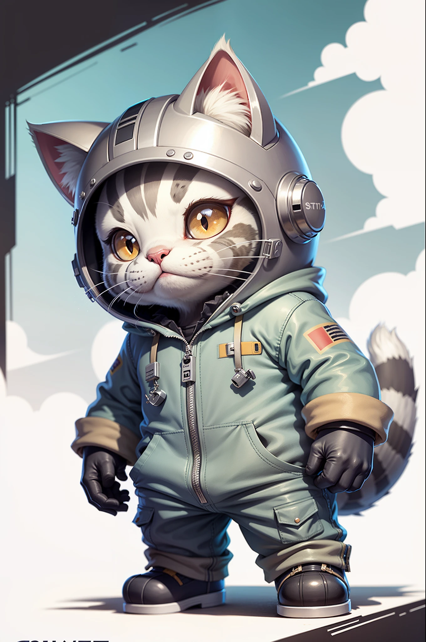 C4tt4stic, Cartoon silver tabby cat in pilot suit, Cat ears do not draw,Helmet,