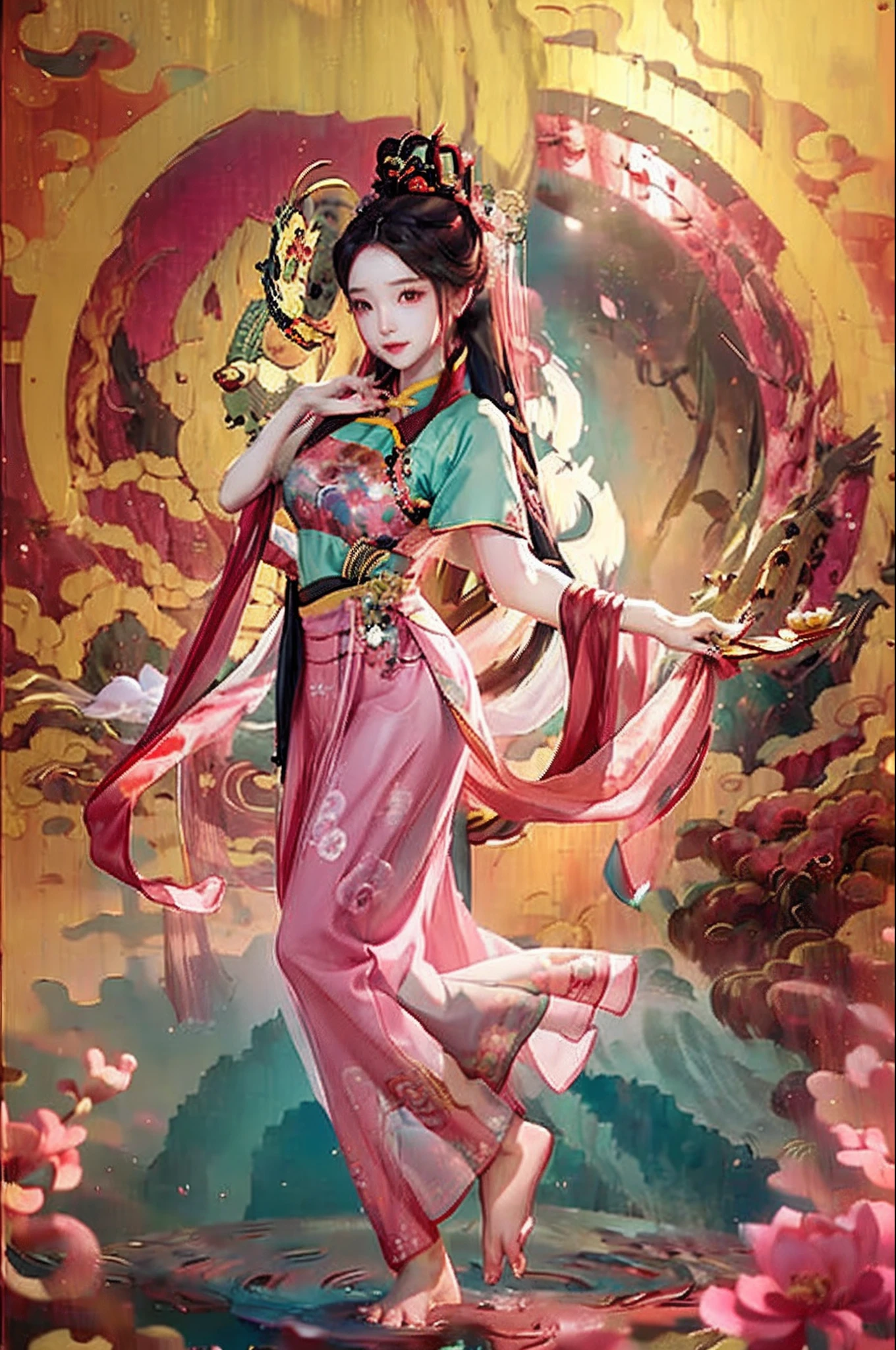 ((4k,masterpiece,best quality)), shuimobysim, Traditional chinese painting, lotuses, Hanfu, maxiskit, Dress revealingly 1girl, solo, Pink Long Hair, ssmile, standing on your feet, Feet in the water, The barefoot,mechanized