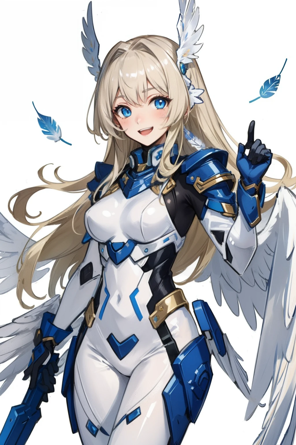 (master piece, Best Quality), Intricate details, valkyrie, kawaii, Happy, (((Laugh))), Villainous smile, Hand up, Looking at Viewer, Feather Headgear, Flower meadow,
1 girl in, Solo, Portrait, Tentacle Plutinum Blonde Hair, drooping iceblue eyes, Silver Single Thigh, White Independent Single Sleeve, gloves, Single braid,
mecha musume, White bodysuit, Silver Reinforced Suit, (((Feather Wings))), silver pantyhose, full armor, flower decoration, equip sword,
