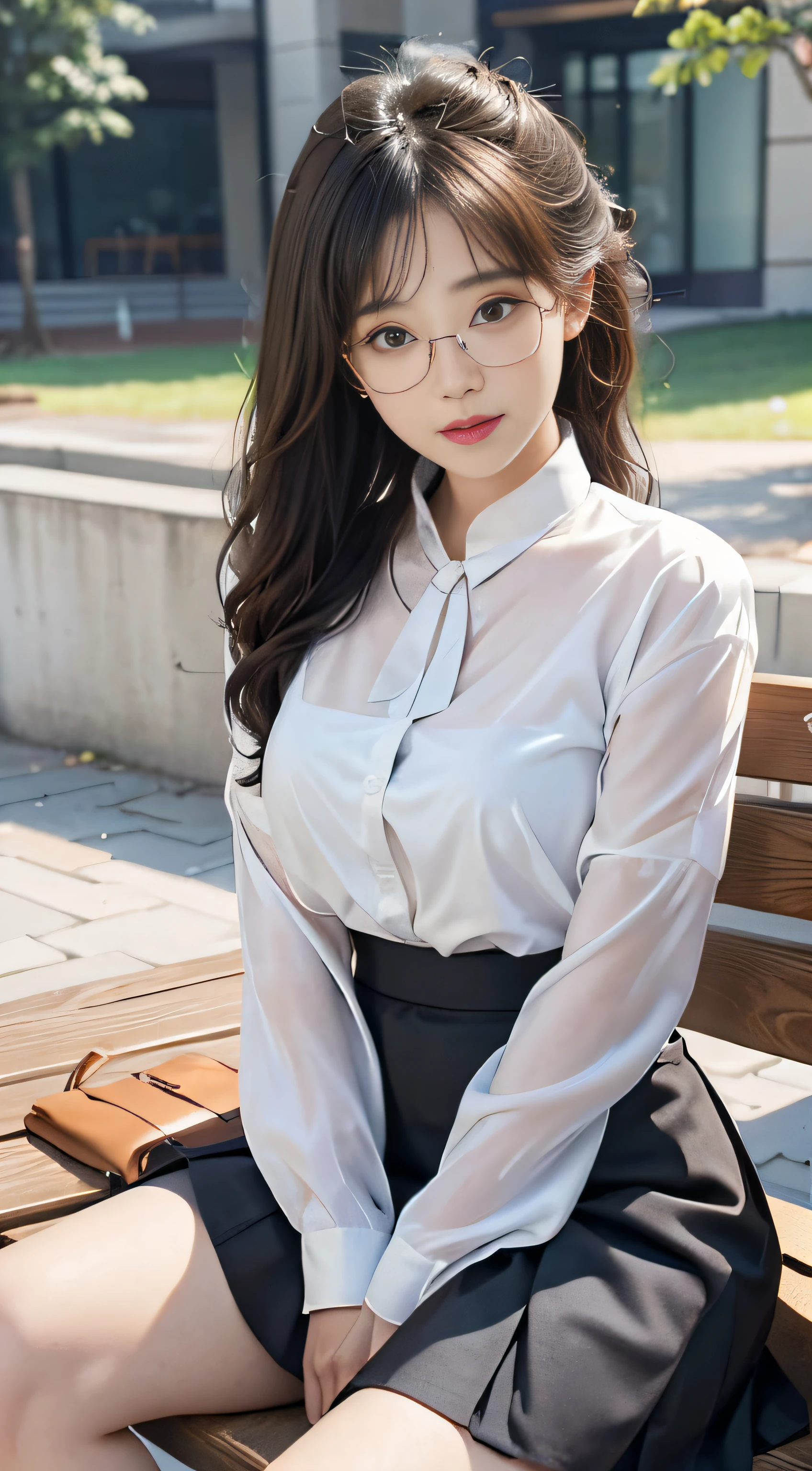 (Girl sitting on bench and crossing legs)ulzzang -6500-v1.1、(Raw foto:1.2)、(Photorealsitic:1.4)、a beautiful detailed girl、extremely detailed eye and face、beatiful detailed eyes、a smile、huge filesize、ultra-detailliert、hight resolution、ighly detailed、top-quality、masterpiece、((Translucent blouse、Black Tight Scar Clothing))、illustratio、ighly detailed、nffsw、unification、8k wallpaper、astonishing、finely detail、masterpiece、top-quality、Highly detailed ticker uniform 8k wallpaper、 Light on the Face、电影灯光、1girl in、sixteen years old、Long grey hair、side split、(Beautiful breasts)、(witheout panties))、(eye glasses)、((dynamicposes)))、((sexypose)))、(camel's toe)、(half)、(panthyhose)、((Black hip skirt))
