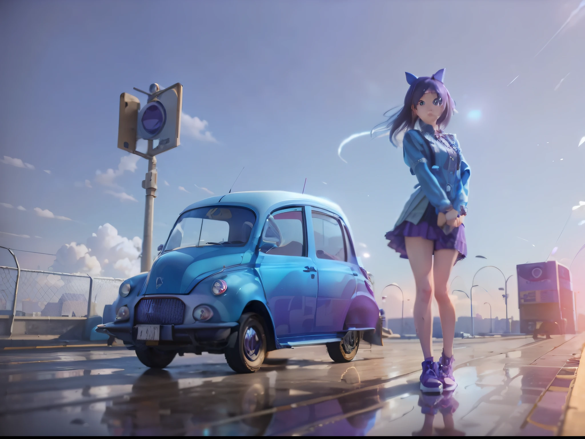 A girl dressed in blue and purple，Stand next to a blue-purple taxi with a blue-purple stop sign，White sky background，3D illustration，3Drenderingof