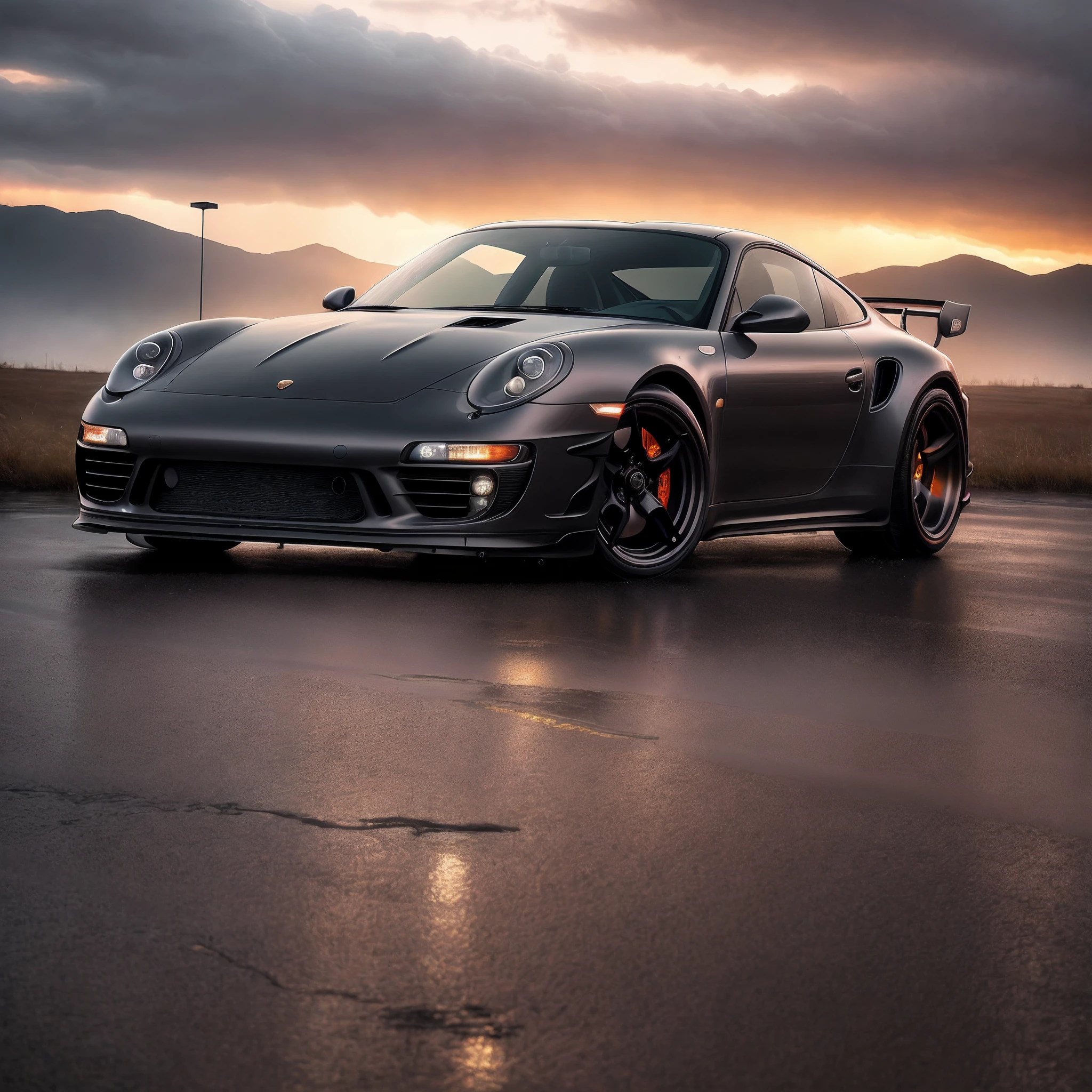 photo 8k dark and gloomy, car porsch 911, sunrises detailed face, detailed, (vibrant, realistic photo, realistic, dramatic, dark, sharp focus, 8k), wet floor, reflection, rain, lightning, LED headlight, light on desktop size image