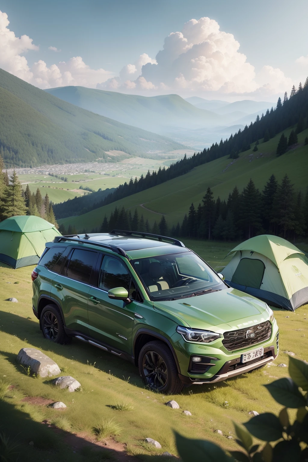 Green SUV car on the field;Hillside in the background;There are tents;camping;brightly;Vertical composition;in a panoramic view;natural soft light,;in style of hayao miyazaki;high detal;4K