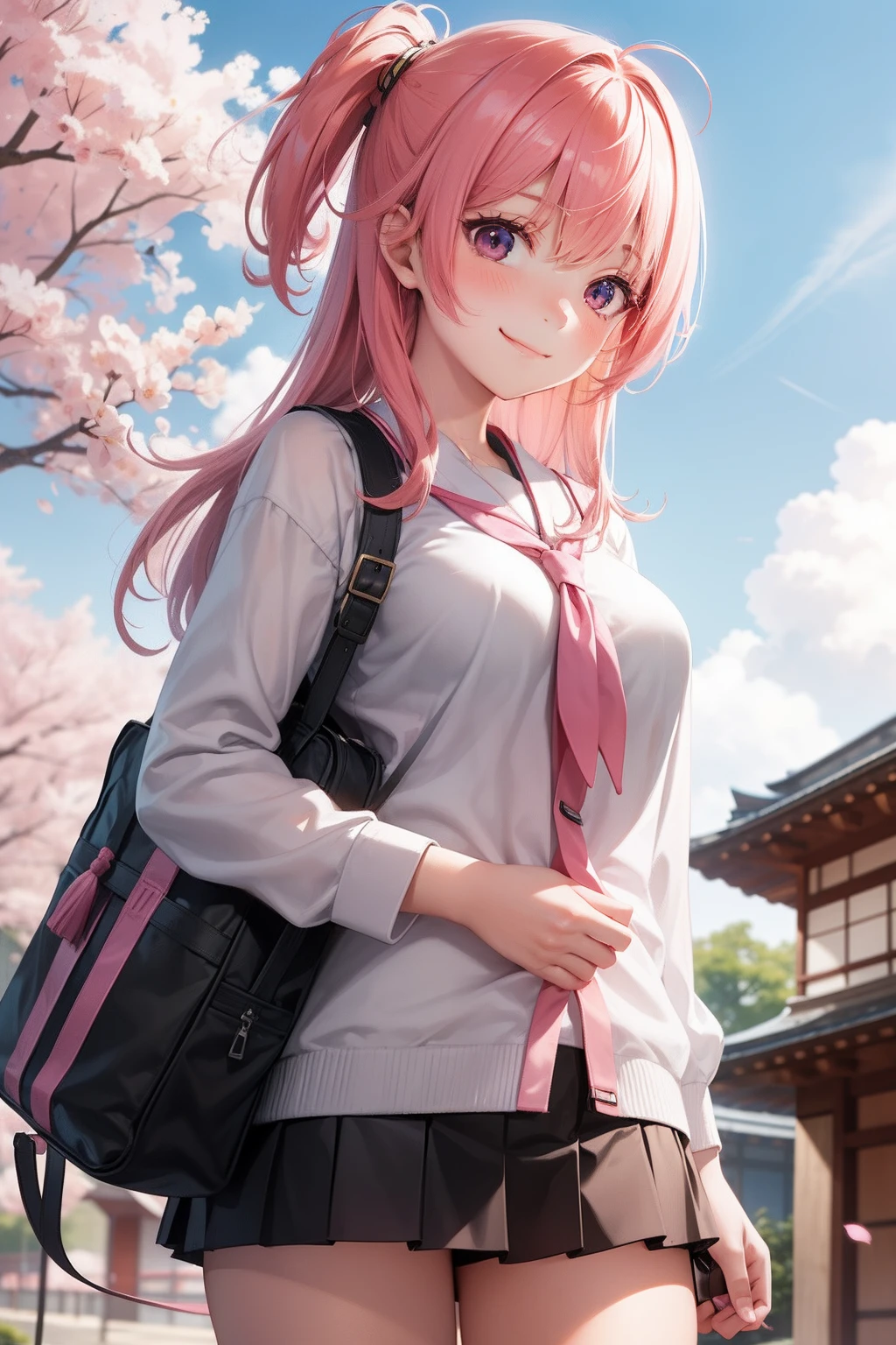 Female student, neat, pink hair, Japan, little exposure, modest breasts, smile, upward looking, embarrassed, school, Japan anime, sister, I want to protect
