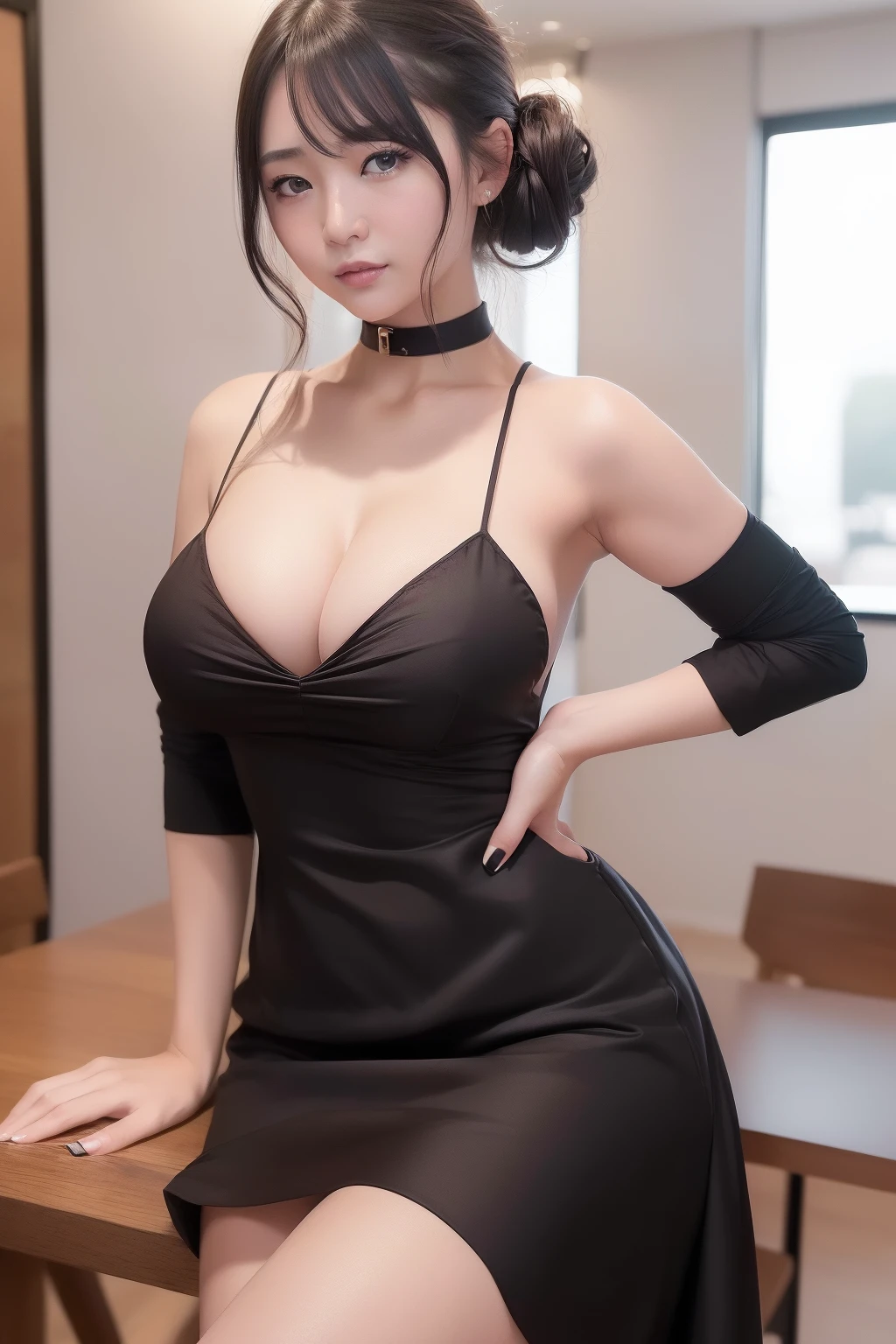 ((top-quality、in 8K、masterpiece:1.3))、1girl in、(Hairstyle Casual、large full breasts:1.1)、Black dress:1.1、Super fine face、Delicat eyes、二重まぶた、A smile:1.2、cafes