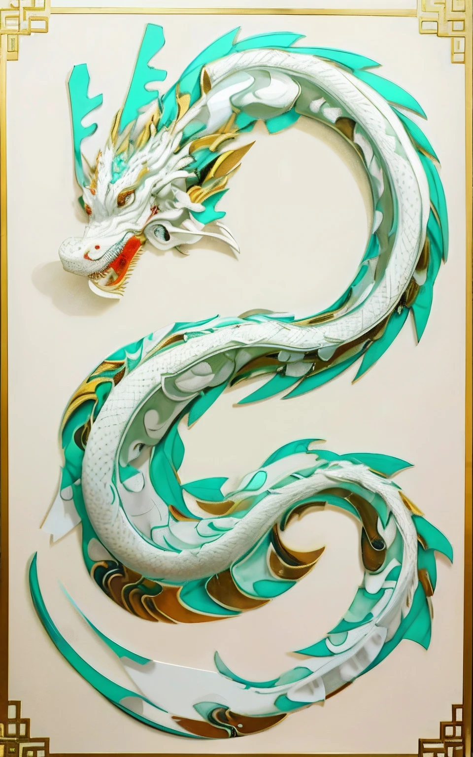 The majestic Chinese dragon depicts a gentle smile,Paper Cuttings style,rich details,Clean and smooth lines,Create exquisite craftsmanship,8K,China-style,National tide