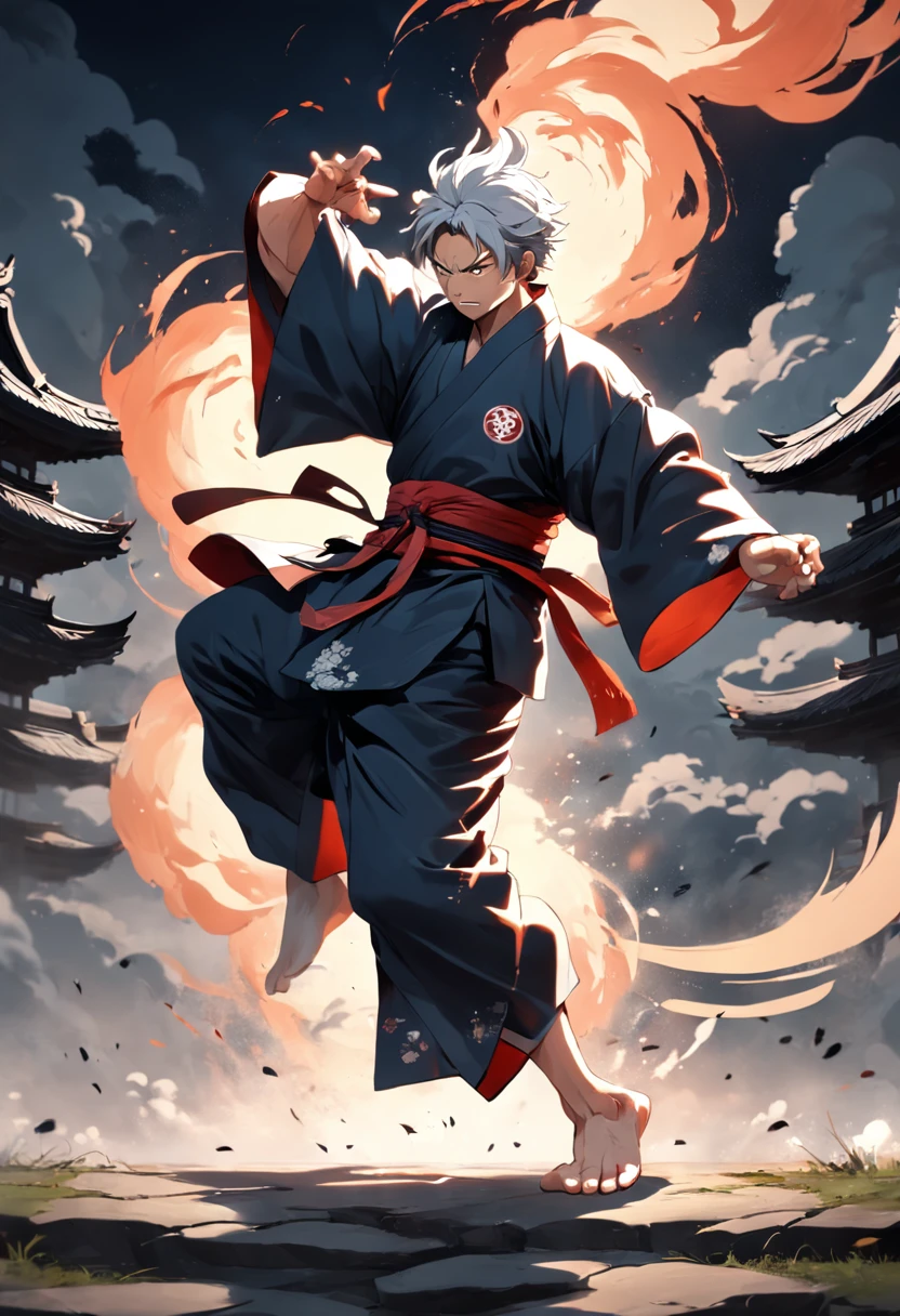 taichi，，Old man，Taoist robes，large tall，mighty，In a fight，Fly kick，shadowboxing，The background is a Taijitu，Intense black and white ink splash style，There are no Chinese words，Full body photo，，8