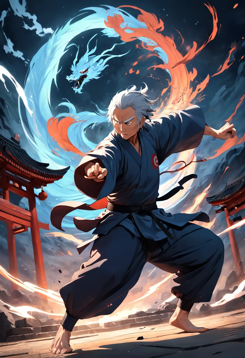 taichi,,Old man,Taoist robes,large tall,mighty,In a fight,Fly kick,shadowboxing,The background is a Taijitu,Intense black and white ink splash style,There are no Chinese words,Full body photo,,8