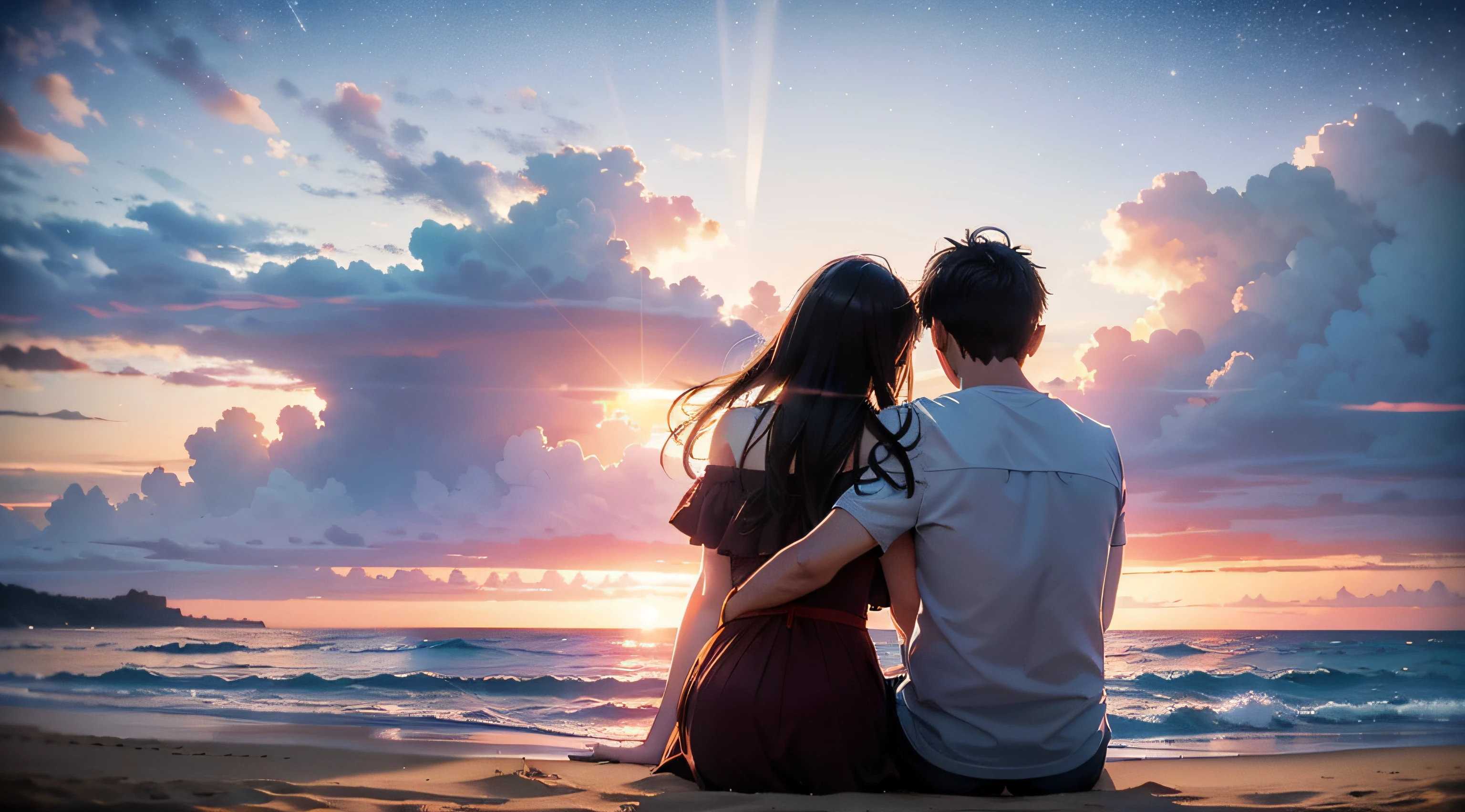 ((Couple watching sunset on shallow seaside sandy beach、Couple sits cuddled and holding each other's hands、Sunset seen from between the shadows of two people、Weak and big red sunset setting on the horizon、You can already see a starry sky in a sky that is not bright.、Photographing the sunset from behind two people side by side)):1.8、Highly detailed background，Realistic，ultra-detailliert，super detailed skin，light glow，Film grain，Expro II，Lens Flare，Sharpen，cinematic shadow