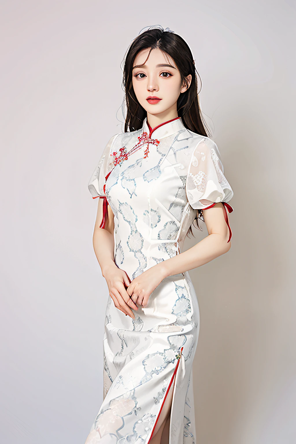 arafed woman in a white dress posing for a picture, Cheongsam, Chinese woman, Chinese dress, Traditional Chinese clothing, Chinese girl, Young Asian woman, An Asian woman, Chinese traditional, Asian woman, with acient chinese clothes, Chinese costume, 155 cm tall, A young Asian woman, height of 165cm, Brocade dress