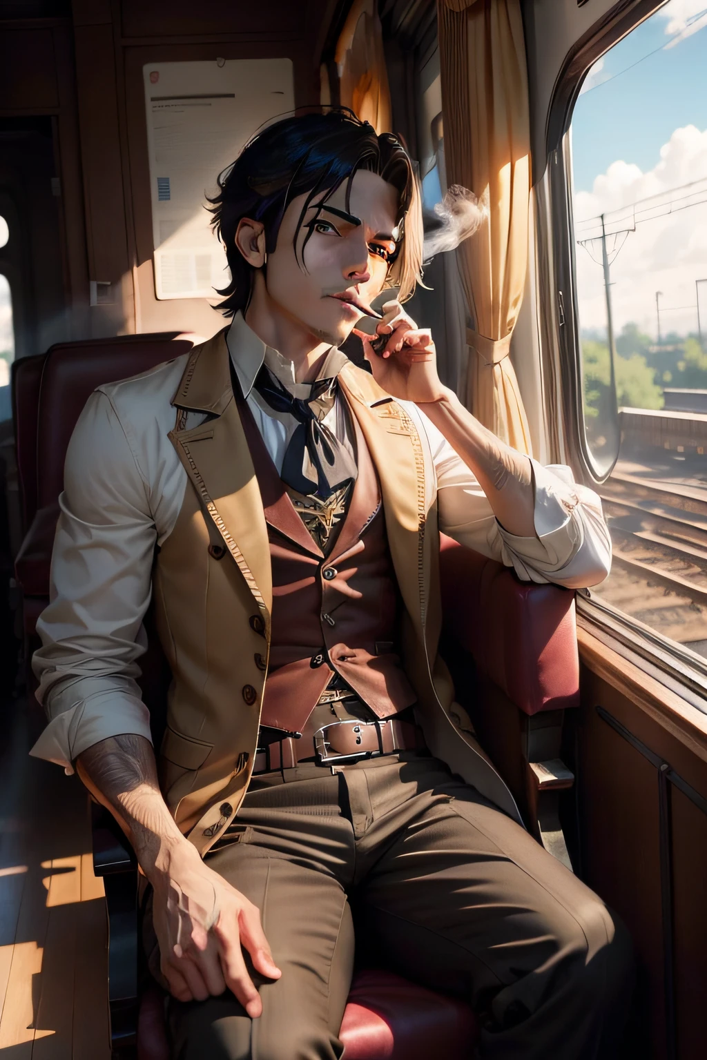 Ride a European train from the 1850s、Western Men. While he smokes a cigar、Smoke flows outside the window. anime image.　In the style of Studio Ghibli.