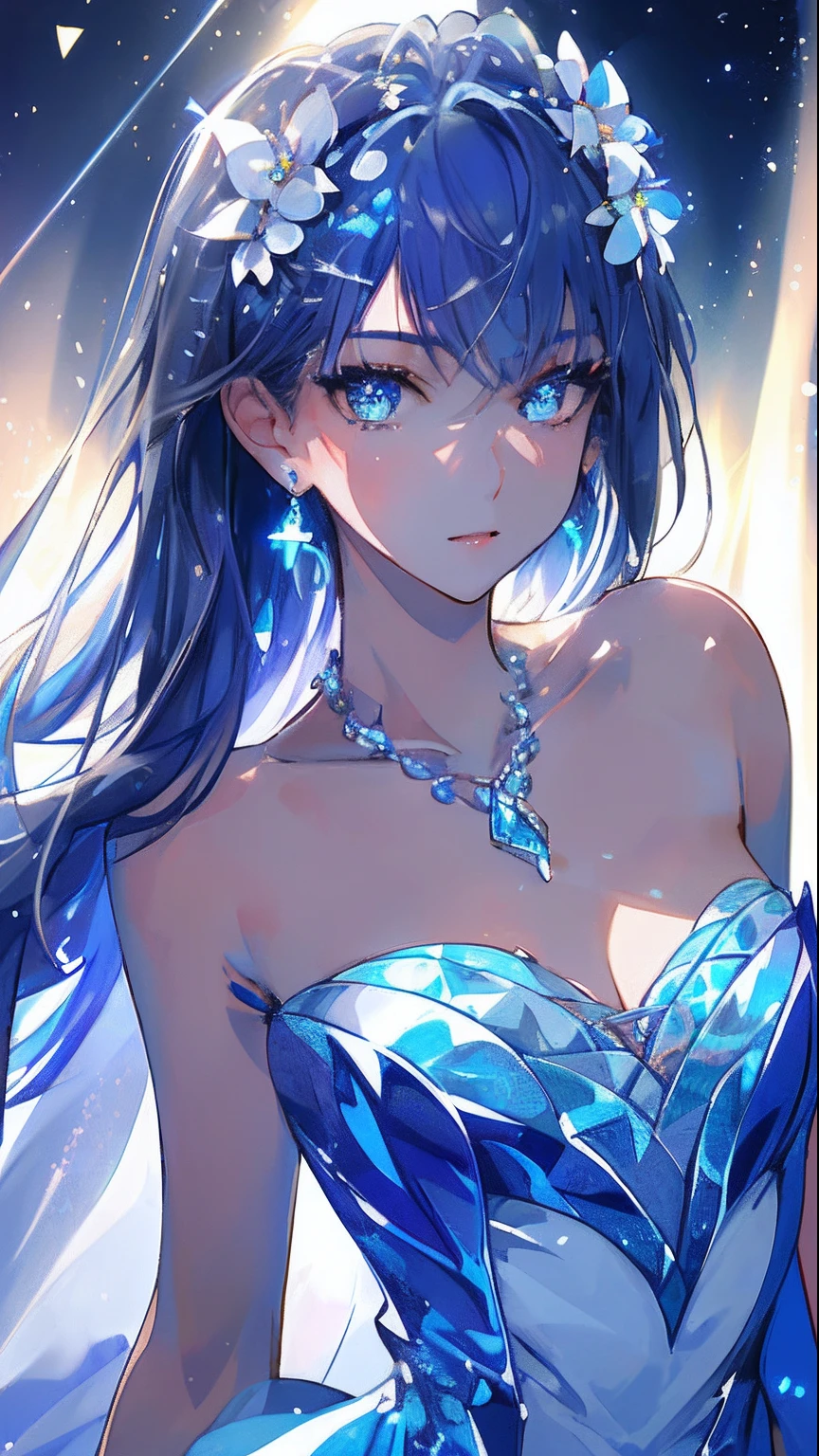 masterpiece, best quality, illustration, sax blue, platinum earrings, platinum necklace, white dress, 1girl, cute, (dynamic lighting:1.2), cinematic lighting, delicate facial features, detailed eyes, sharp pupils, realistic pupils, depth of field, bokeh, sharp focus, (hyper-detailed, bloom, glow:1.4), many small gems