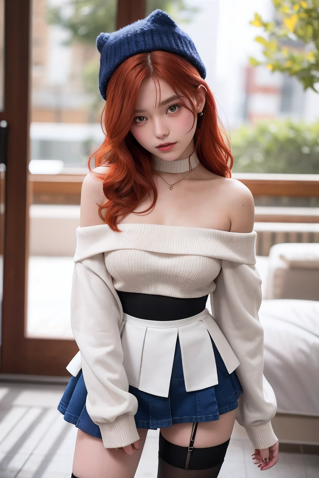 a beautiful yo Skotlandia woman, off shoulder, high waist mini skirt, redhead, thighhighs