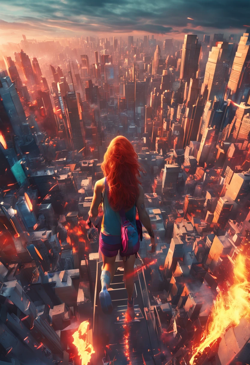 woman running in the middle of the city, in various angles, Large male unleashing his power color fire,detailedface,Persona Cut In