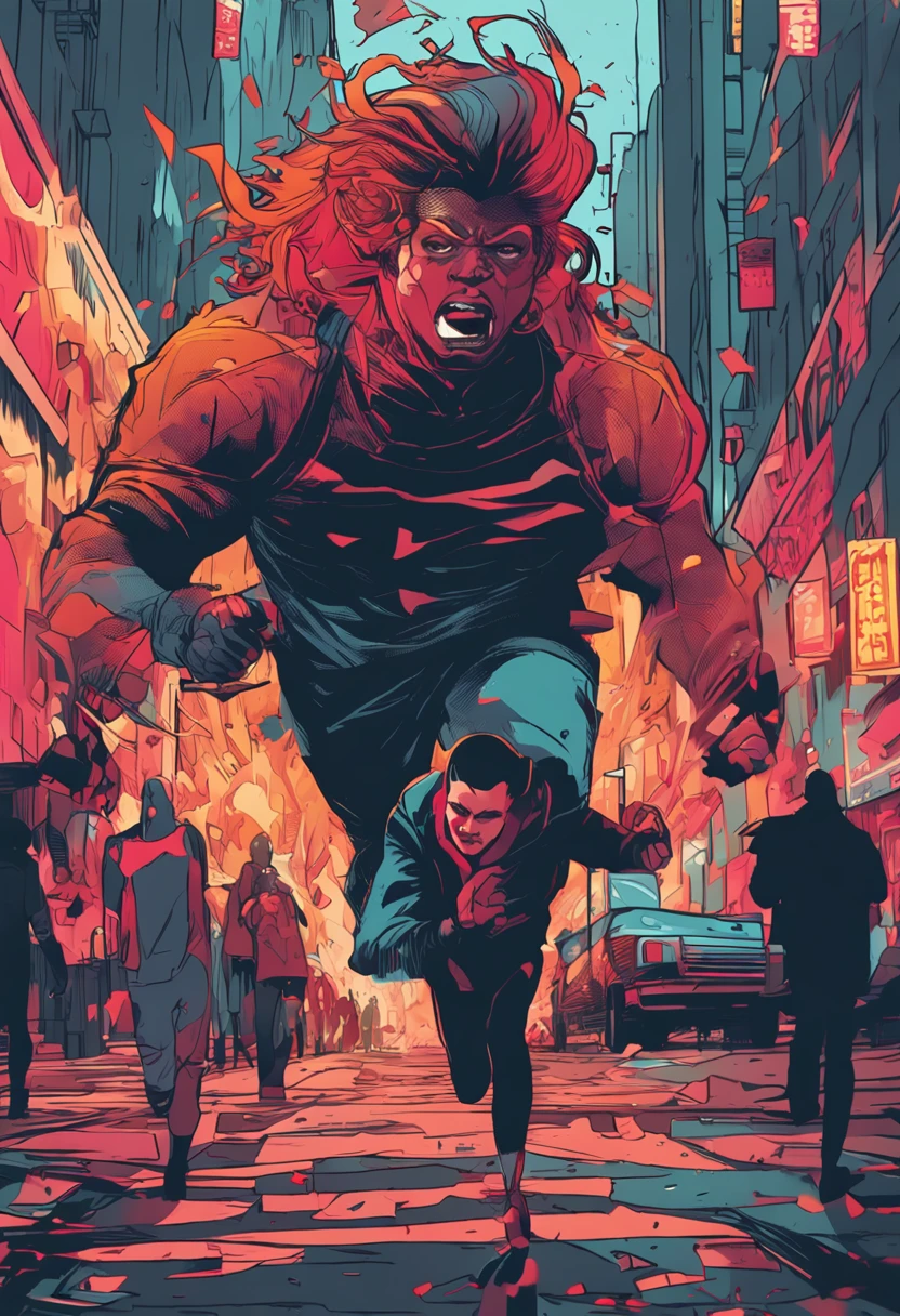 woman running in the middle of the city, in various angles, Large male unleashing his power color fire,detailedface,Persona Cut In