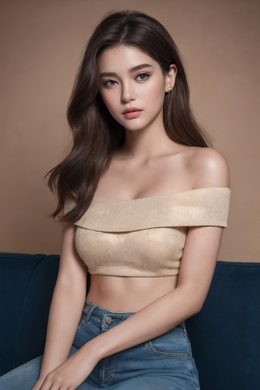 ((Night view, realistic light, best quality, 8k, masterpiece: 1.3)), 1girl, pretty woman with slim figure: 1.4, (brown hair, medium breasts: 1.3), off-the-shoulder cut top: 1.3, sofa, super detailed face, detailed eyes, double eyelids