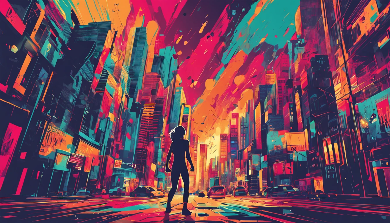 woman running in the middle of the city, in various angles, Large male unleashing his power color fire,detailedface,Persona Cut In