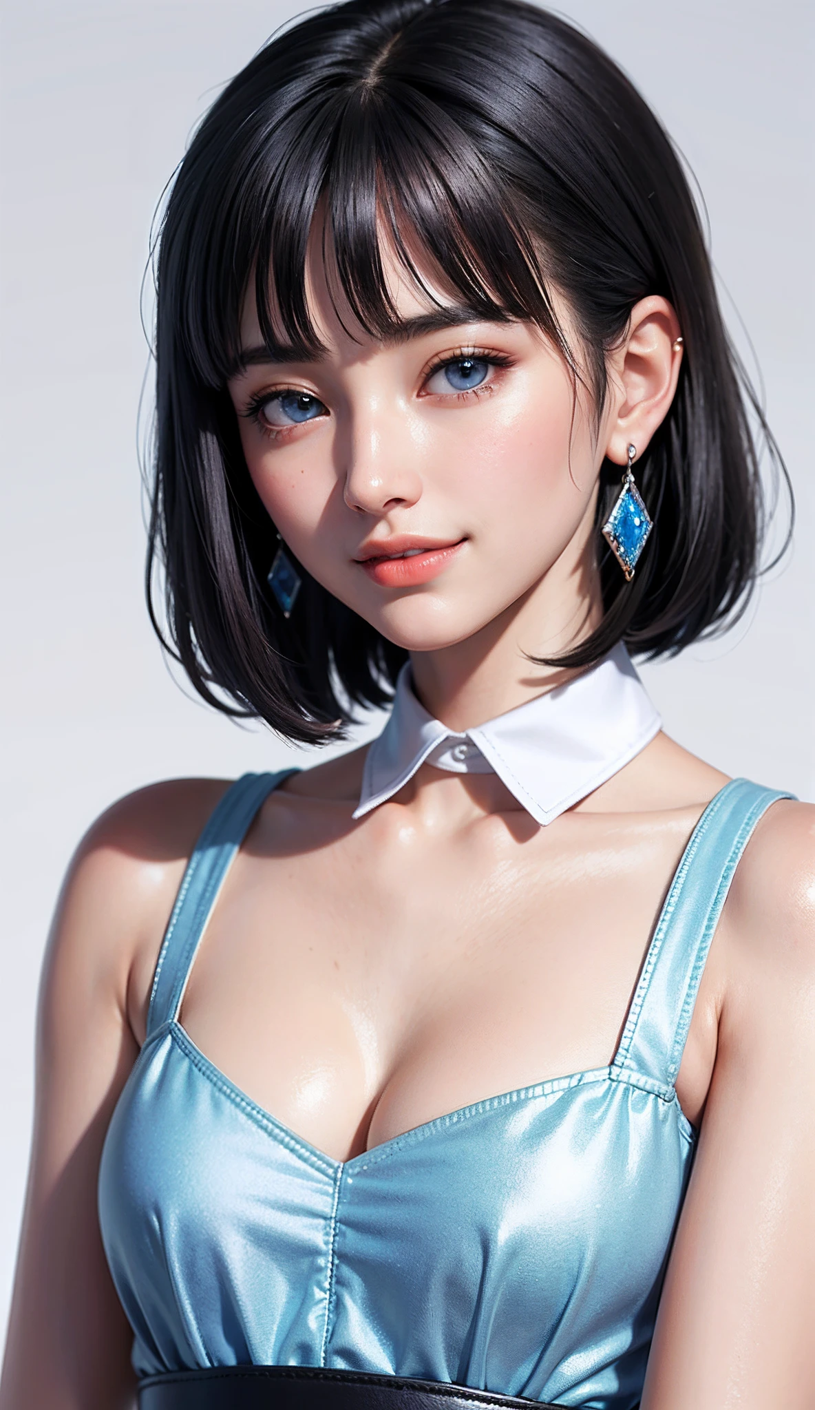 (high-level image quality、high-detail、hightquality、hight resolution、Draw everything in high resolution)、Intense crystal light blue eyes、Small diamond-shaped earrings、Look firmly at the camera、Put your ears out、Beautiful short black hair、Beautiful very short beautiful hair with bangs、beautiful decollete、Beautiful 28 years old、lipgloss、long neck、Happy smile、Beautiful teeth alignment、Beautie、Pretty Woman、snow-white business shirt with open collar